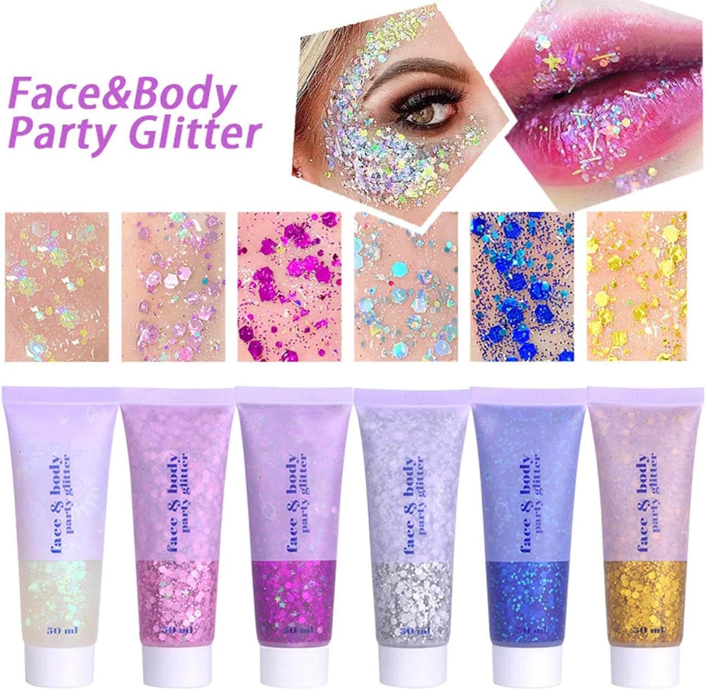 MEICOLY Clear White Body Glitter,Singer Concerts Music Festival Rave Accessories,Mermaid Face Glitter Gel,Sequins Glitter Face Paint,Chunky Hair Sparkling Halloween Glitter Gel for Women,50ml