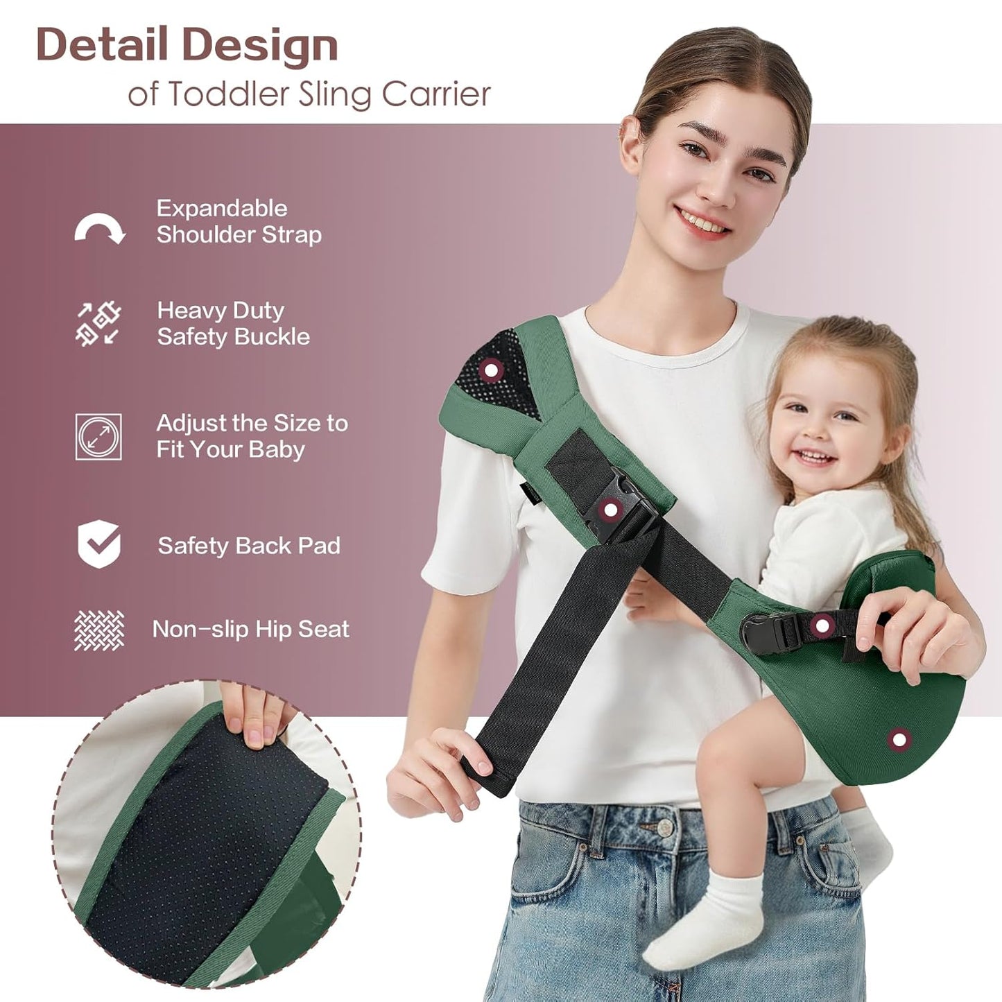 Toddler Sling Carrier, Toddler Carrier Sling, Baby Carriers Hip Carriers with Backrest, Lightweight Travel-Friendly Baby Slings Carriers, Green