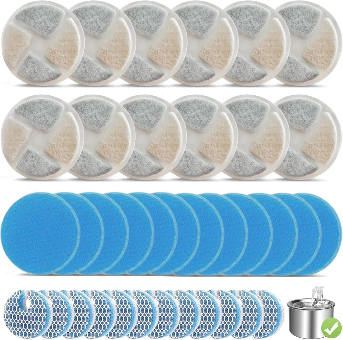 12 Set Cat Fountain Filter Replacement for Round 2L/67oz Automatic Dog Dispenser Water Bowl, Stainless Steel Pet Water Fountain Filters with Triple