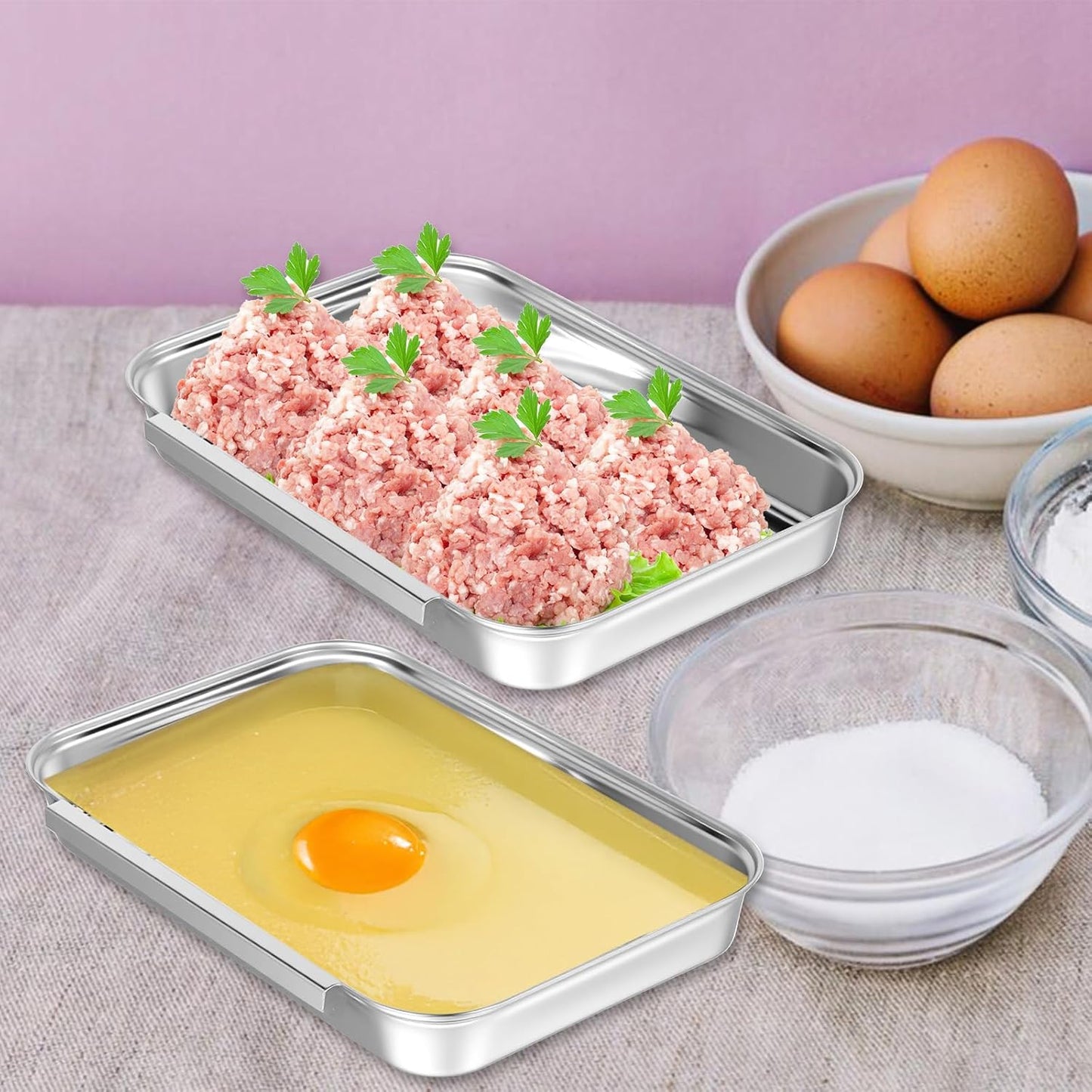 Breading Trays Set of 3 Dredging Trays for Cooking, Stainless Steel Breading Pans Set for Marinating Meat, Chicken, Fish, Food Prep Tray