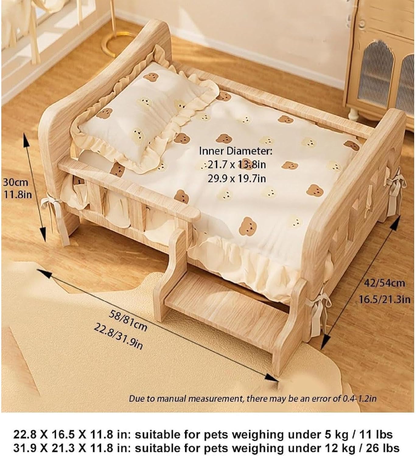 Wood Dog Bed, Floor Standing Pet Furniture with Winter Bedding and Stairs,Low Profile Wooden Bed with Guardrails and Step Stool Space-Saving Design for Small Areas, 31.9 X 21.3 X 11.8IN