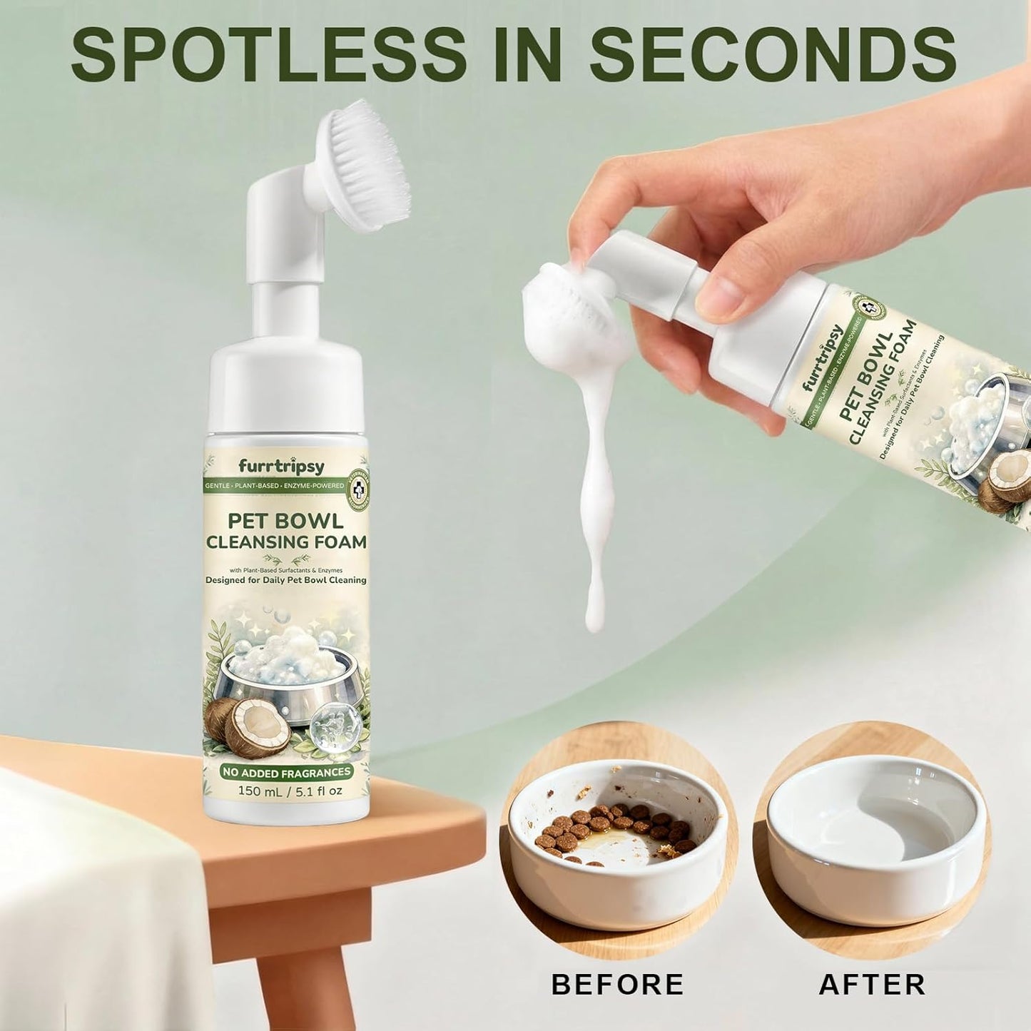 Pet Bowl Cleaner Mousse with Scrub Brush | Vet Enzyme Formula for Dog Cat Dishes, Toys Fountains & Bird Baths Feeders Cleaner | No Residue | 5.1oz Travel Size | Lick Safe, Unscented