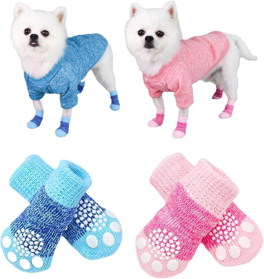 4Pcs Dog Socks Knitted Grip Socks for Pets with Cartoon Pattern Anti-Slip Shoes for Home Hardwood Floor Wear Paw Protector