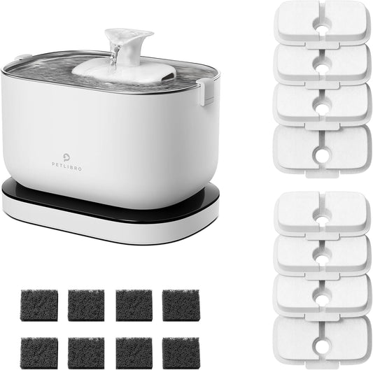 Cordless Pet Water Fountain Battery Operated + 8 Packs Replacement Filters for Dockstream Cat Water Fountain WF005 WF115 WF105, 4 Months Set of Replacement Filters