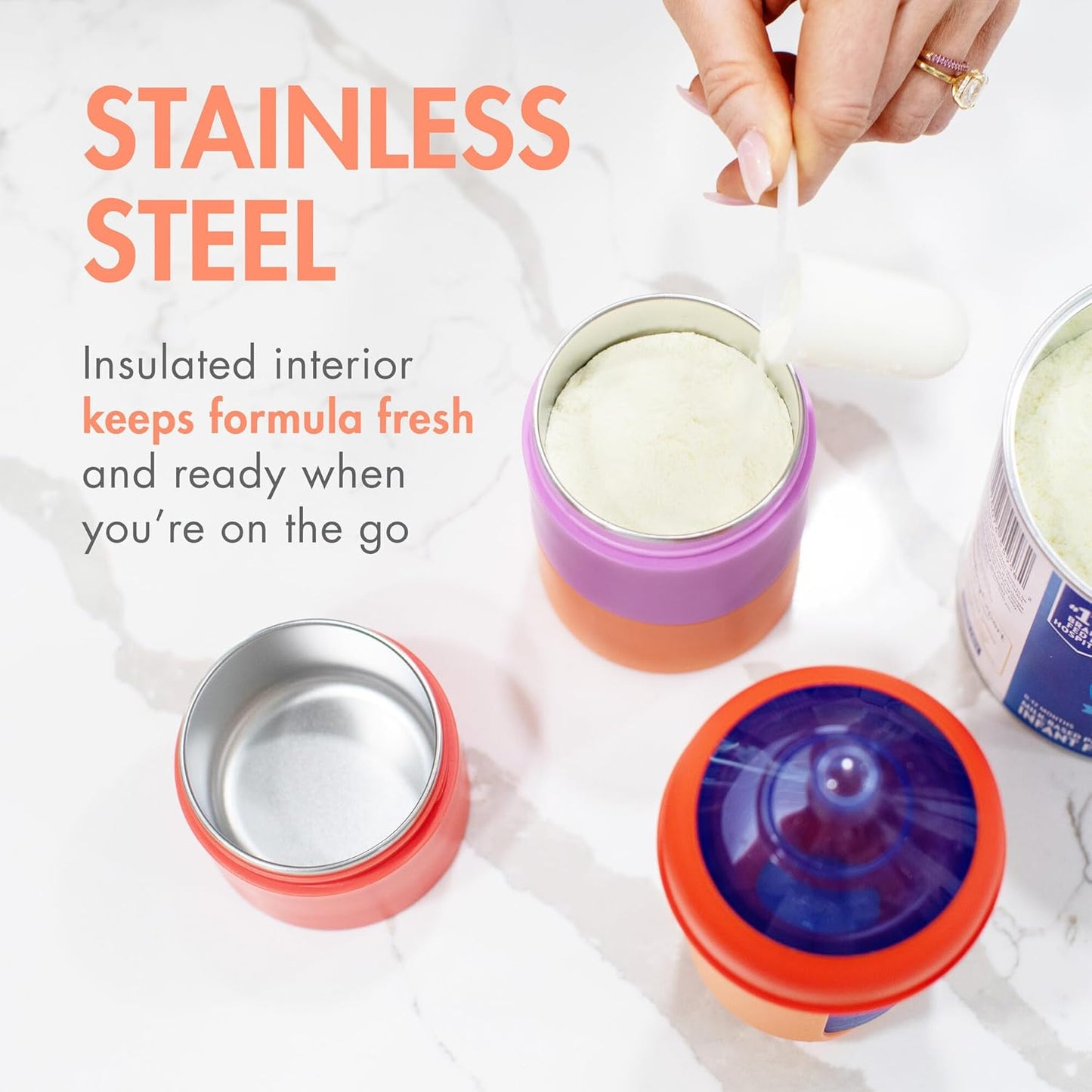 Boon Triful Baby Formula Dispenser On The Go - Insulated Stainless Steel Formula Containers with Stacking Design - Baby Bottle-Feeding Supplies for Travel - Pink