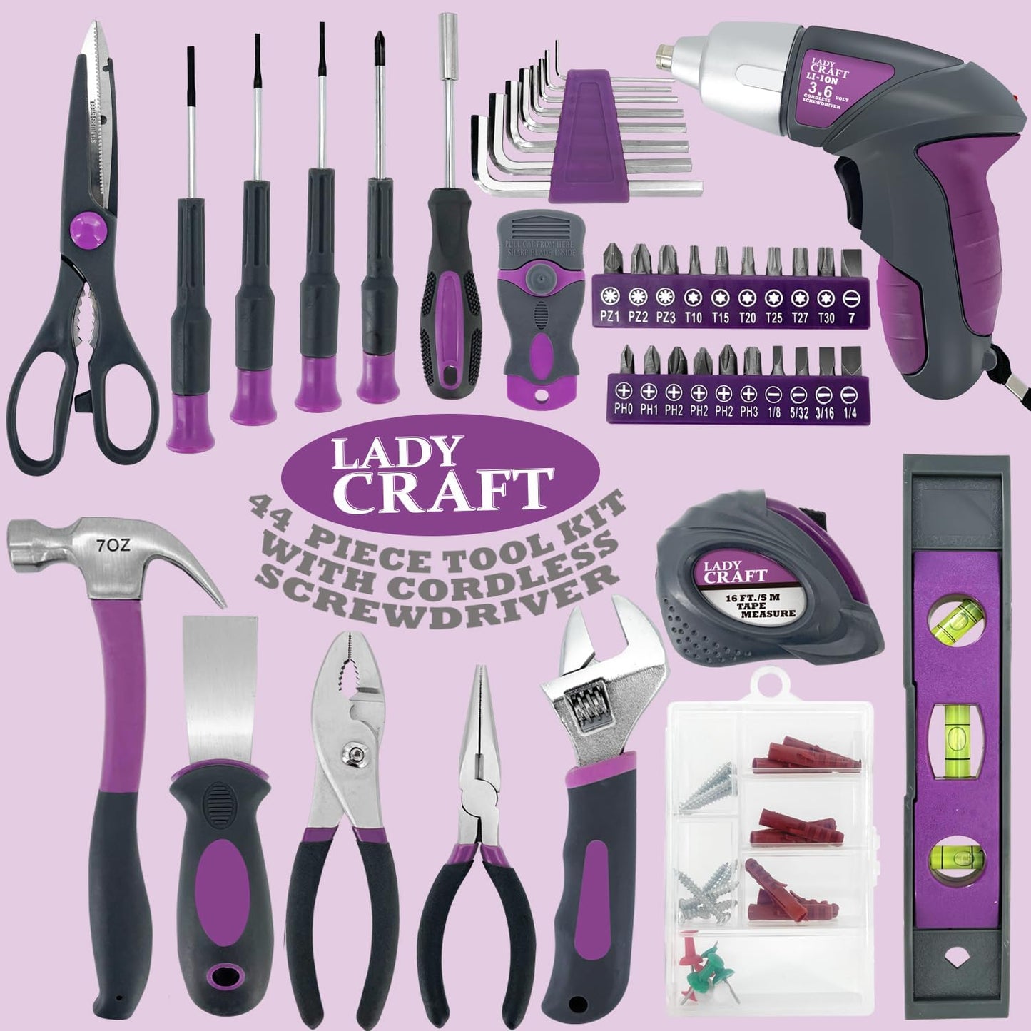 44PCS 4V Cordless Screwdriver Tool Kit Set Pink Color Tools Lady Tools Kit Home Repair Set Toolbox Hand Tool Kit Storage Case Gift Set LADYCRAFT