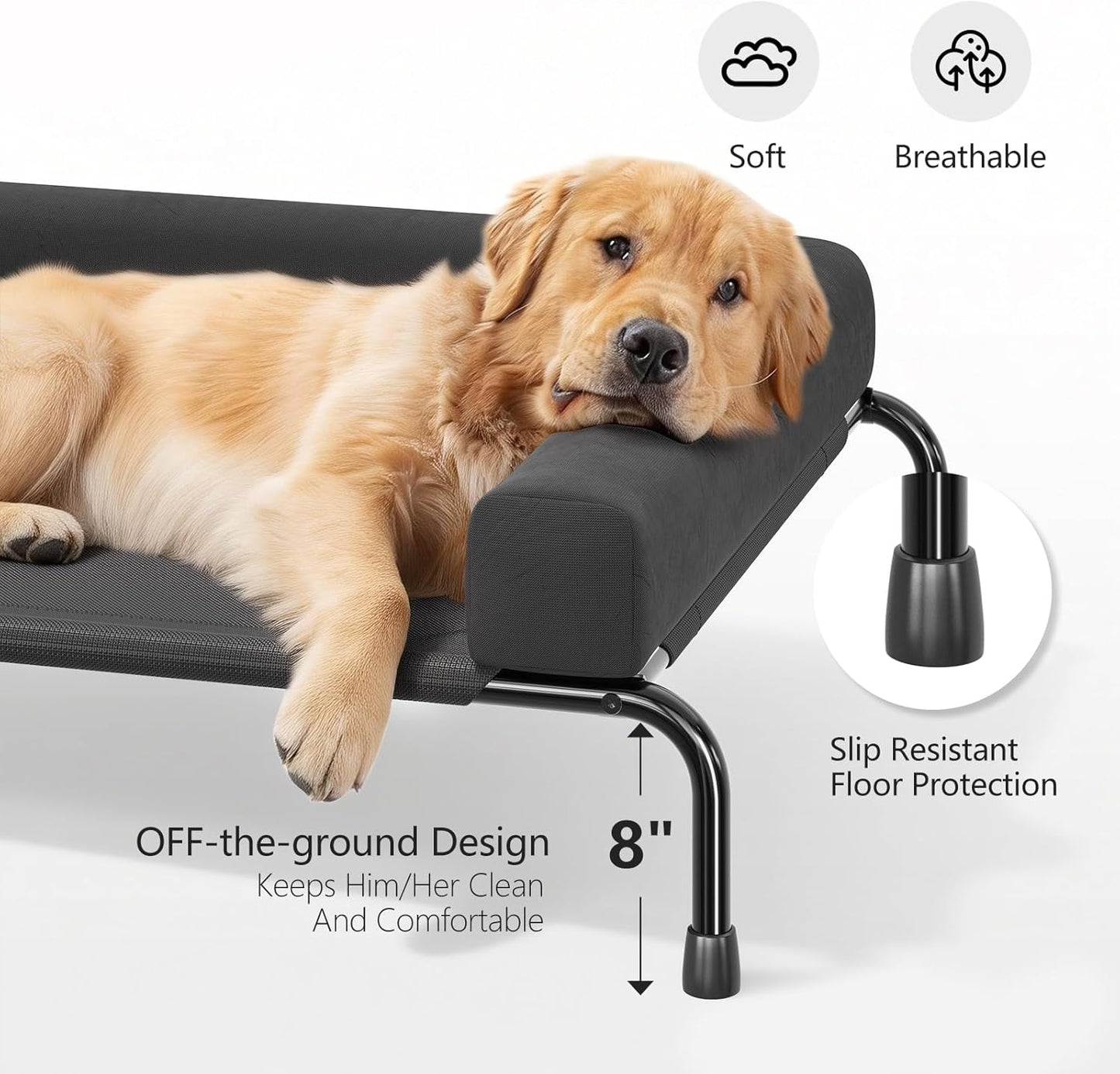 Cooling Elevated Dog Bed for Large Dogs, Raised Dog Bed with Breathable Mesh, Outdoor Indoor Removable and Waterproof Pet Cot, Black
