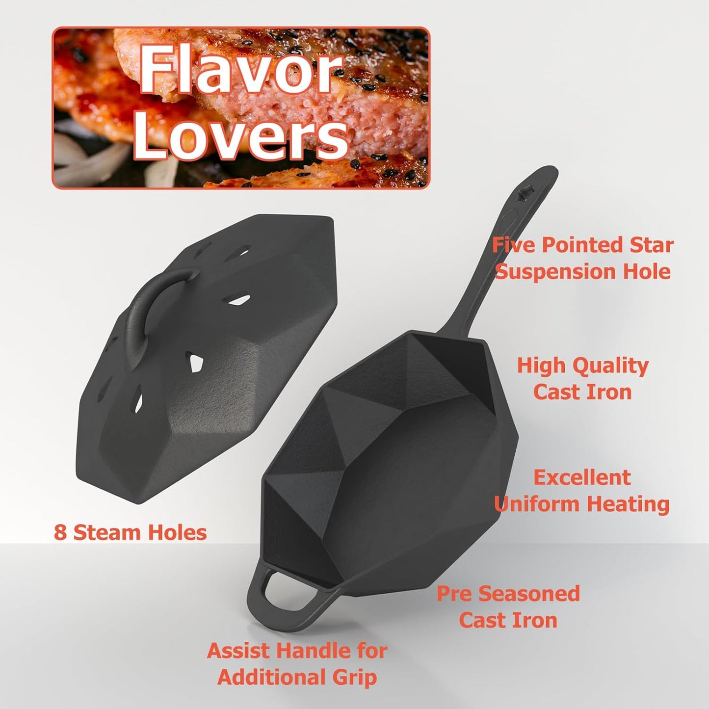 Cast Iron Skillet with Lid Pre-seasoned Cast Iron Pans, Smoker Box for Open Fire, Oven, Stovetop, Grill Safe Cookware Set +Scraper/Cleaner+Silicone Anti-Scalding Gloves