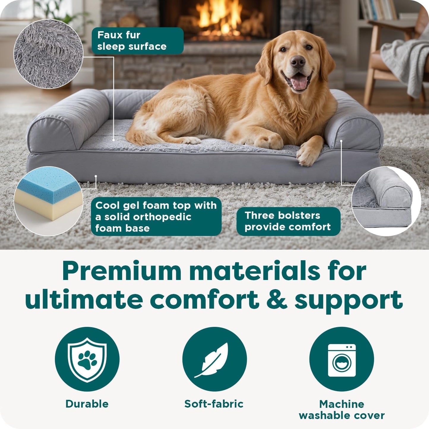 FurHaven Orthopedic Dog Bed for Large Dogs, Sofa-Style with Cool Gel-Top Foam with a Solid Orthopedic Foam Base for Joint Support, Removable Washable Cover, Jumbo XL, Plush & Suede, Gray
