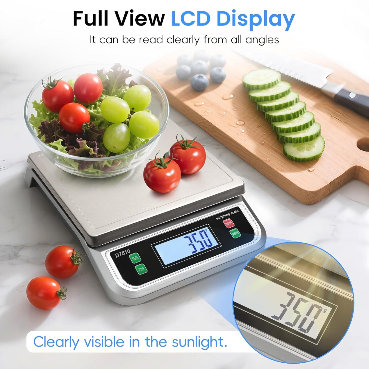 88lb/40kg Food Scale with 6 Unit Stainless Steel Commercial Kitchen Scale, with Full View LCD Display Large Kitchen Scale with Tare and Pcs Funtion for Baking, Cooking, Flour, Fruits Silver