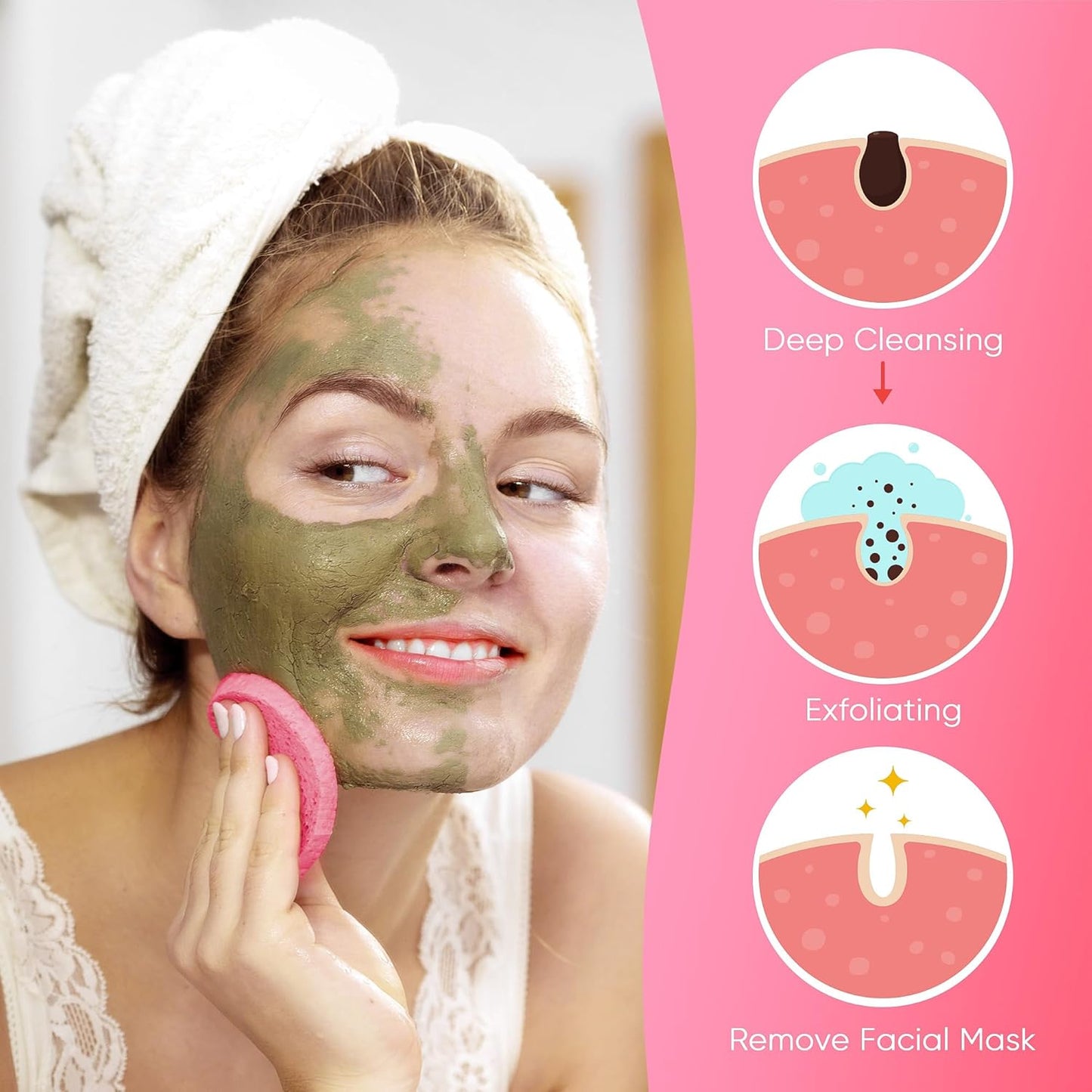 GAINWELL 50-Count Compressed Facial Sponge for Daily Facial Cleansing and Exfoliating, 100％ Natural Cosmetic Spa Sponges for Makeup Remover, Reusable, Pink