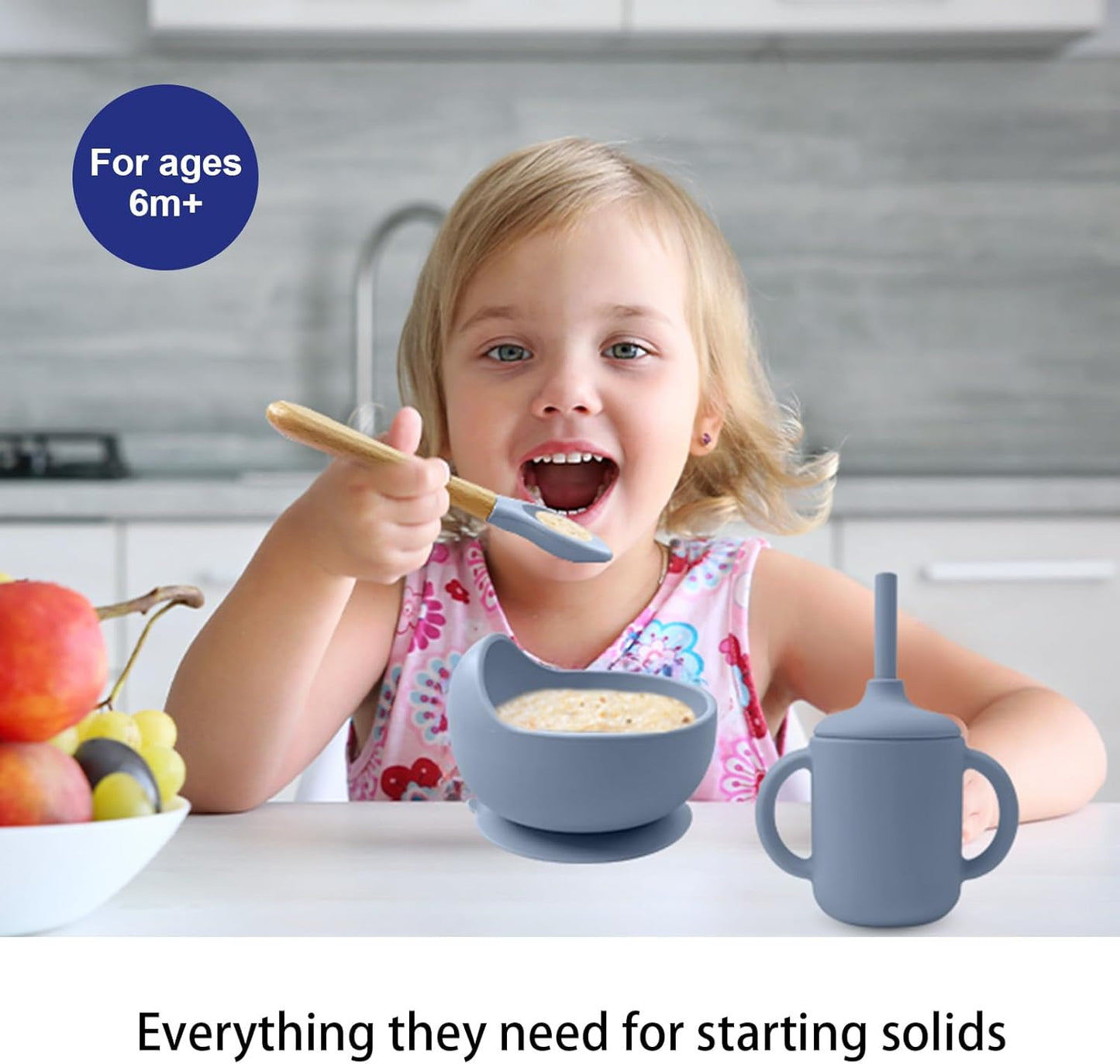 LITTLE RAWR Silicone Baby Feeding Set 14 Pcs,Baby Led Weaning Supplies, Baby Spoons Suction Bowl Divided Plate Bib Cup Finger Brush,First Stage Solid Food Eating Utensils - 6+ Months(Blue Gray)