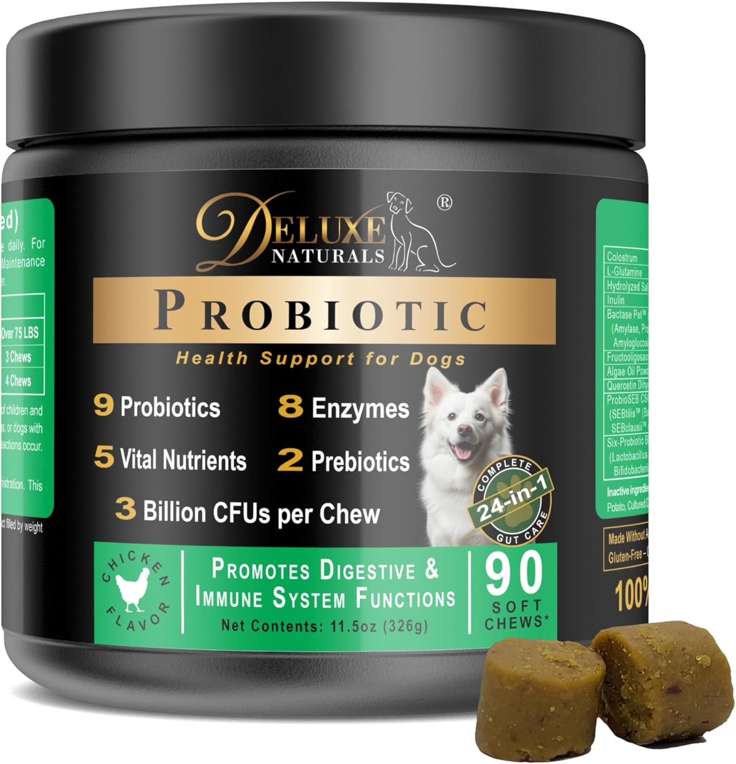 Probiotic Soft Chews for Dogs – 90 Count – Digestive & Immune Support with 9 Probiotics, 8 Enzymes, 2 Prebiotics & 5 Vital Nutrients – Chicken Flavor