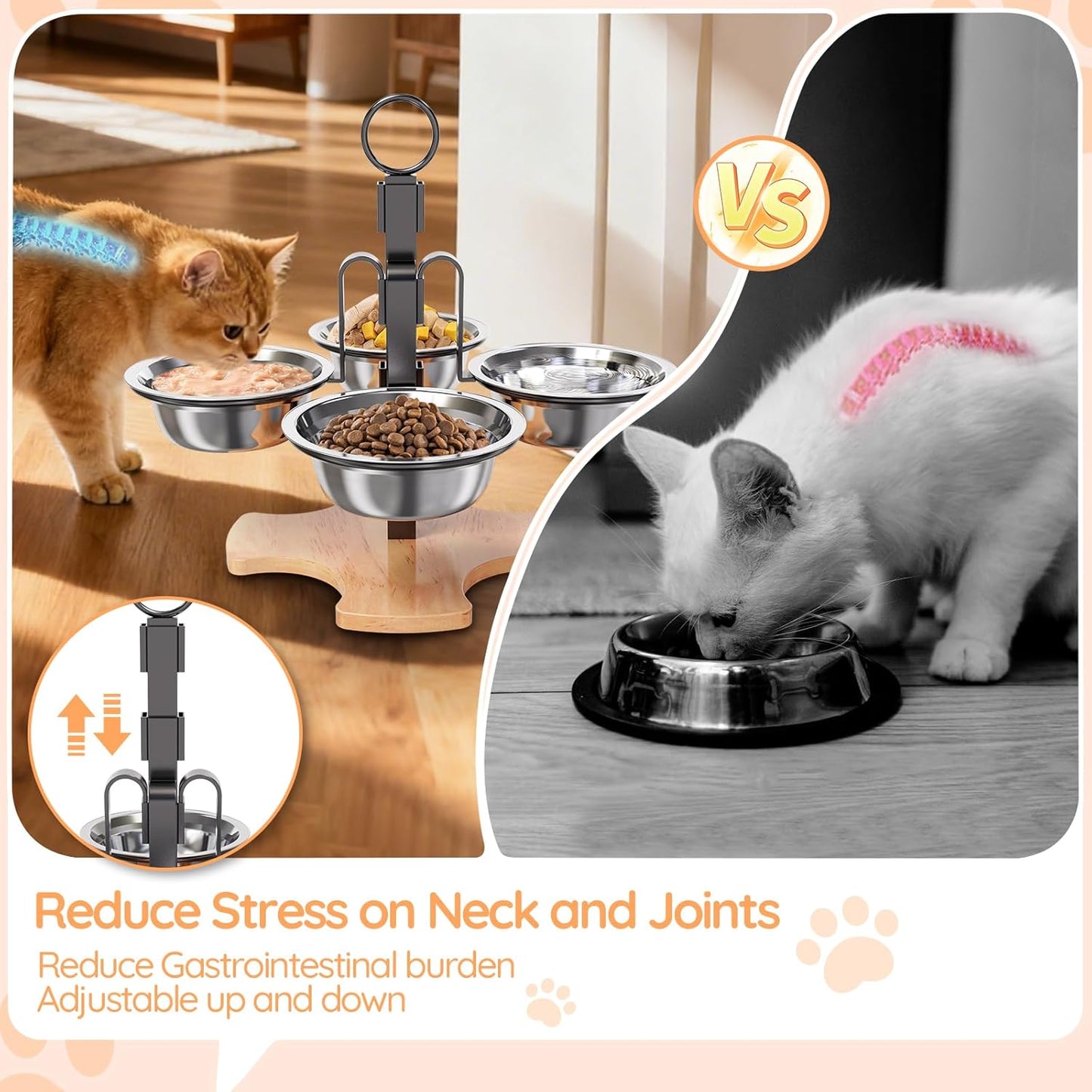 Adjustable Elevated Cat Bowls with Stand, 3 Height Raised Food & Water Bowl Set for Indoor Cats, 4 Stainless Steel Tilted Pet Dishes for Small Dogs, Non-Slip Feeding Station with Anti-Spill Design