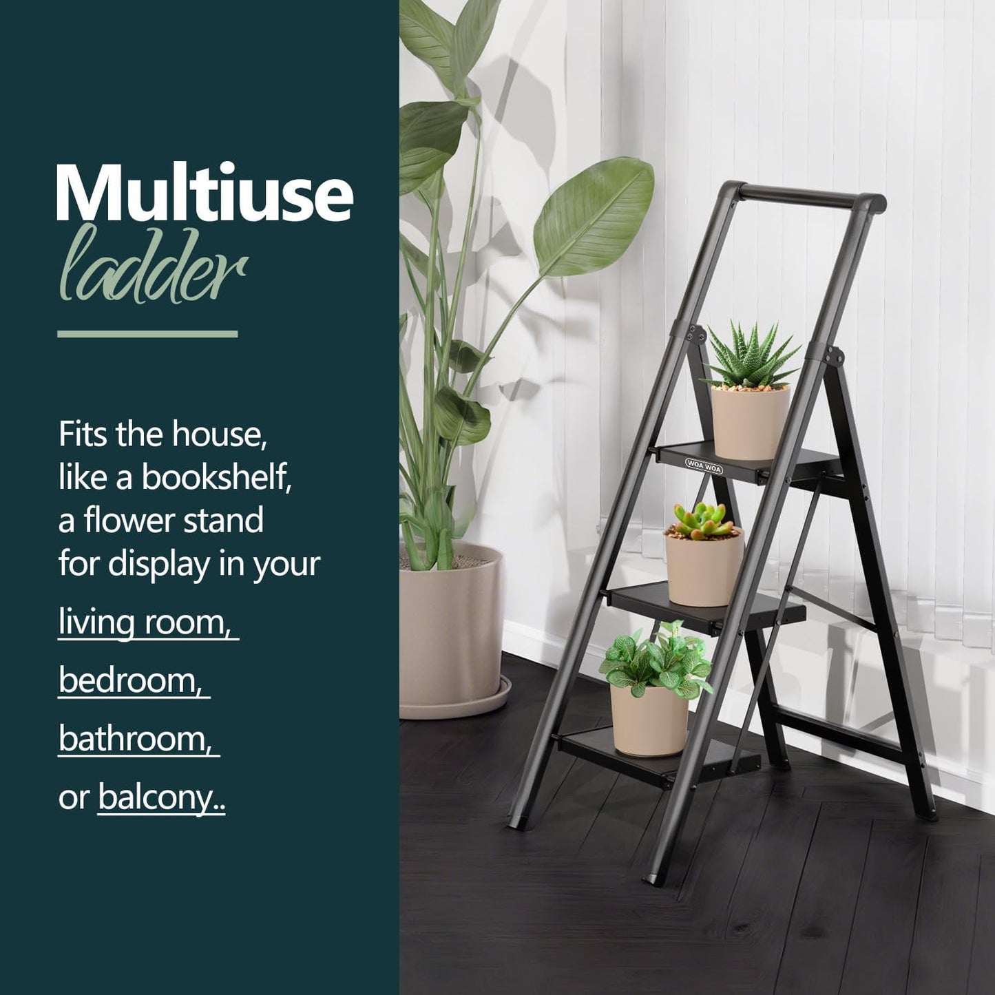WOA WOA 3 Step Ladder, Ladders for Home, Anti-Slip Pedals, Aluminum Step Stool Foldable, Lightweight to Move, Ease of Storage, Reach 8ft for Closet Kitchen Library, Hold 300lbs - Black