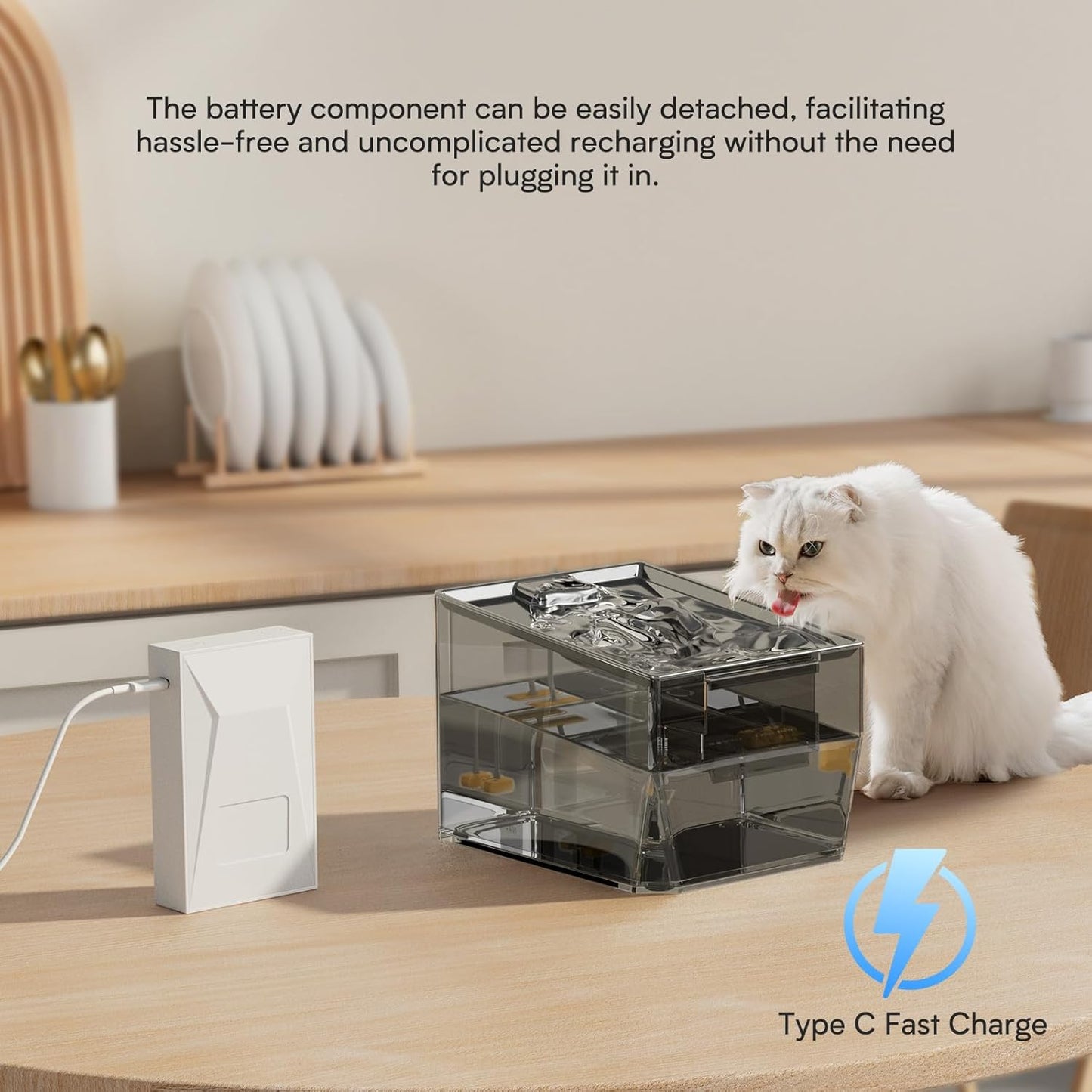 Cat Stainless Steel Water Fountain for Cats Inside,Wireless Pet Water Fountain,2.2L/74oz Automatic Cat Fountains for Drinking with Wireless,Easy Cleaning White
