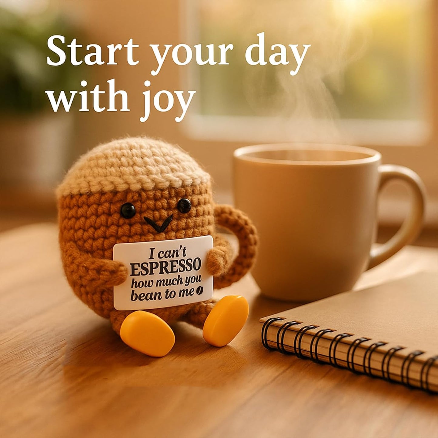 Birthday Gifts for Her Him Women Men Girlfriend Boyfriend, Positive Crochet Coffee Cup Desk Decor, Cute Small Coffee Lover Gift for Best Friend Couple Wife Husband