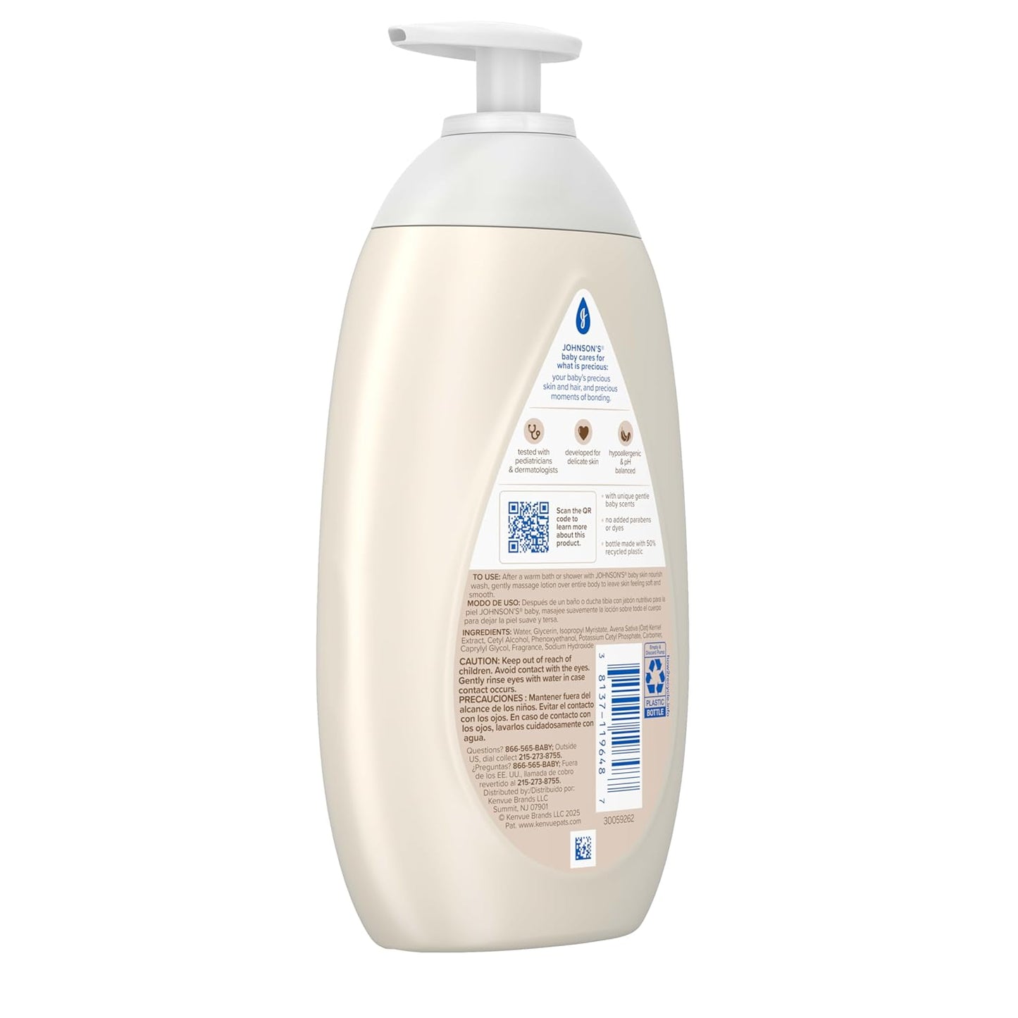 Johnson's Skin Nourishing Baby Lotion, Vanilla & Oat Scents, Hypoallergenic Baby Body Lotion for 72 Hour Hydration, Moisturizes & Protects from Dryness, Baby Essentials 16.9 fl. oz