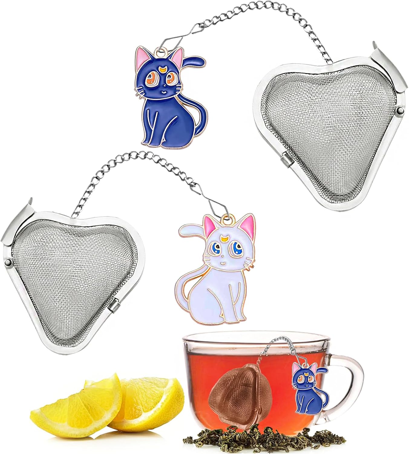 2 pcs tea infuser loose tea strainer, heart shaped stainless steel loose leaf tea infuser tea ball, cute pendant tea ball set tea gifts for tea lovers women (Black Cat + White Cat)