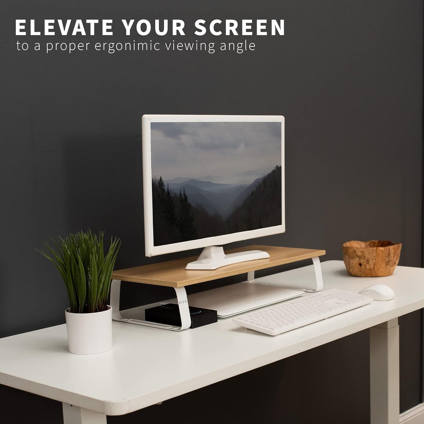 VIVO 24 inch Monitor Stand, Wood and Steel Desktop Riser, Screen, Keyboard, Laptop, Small TV, Ergonomic Desk and Tabletop Organizer, Light Wood, STAND-V000WM