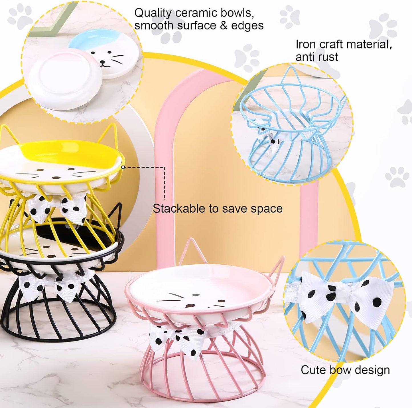 Sunnyray Cat Feeder, 4 Pcs Elevated Ceramic Cat Bowls with Metal Stand, Whisker Friendly, Anti Vomit, Dishwasher Safe, for Dog Pet (Multicolor)