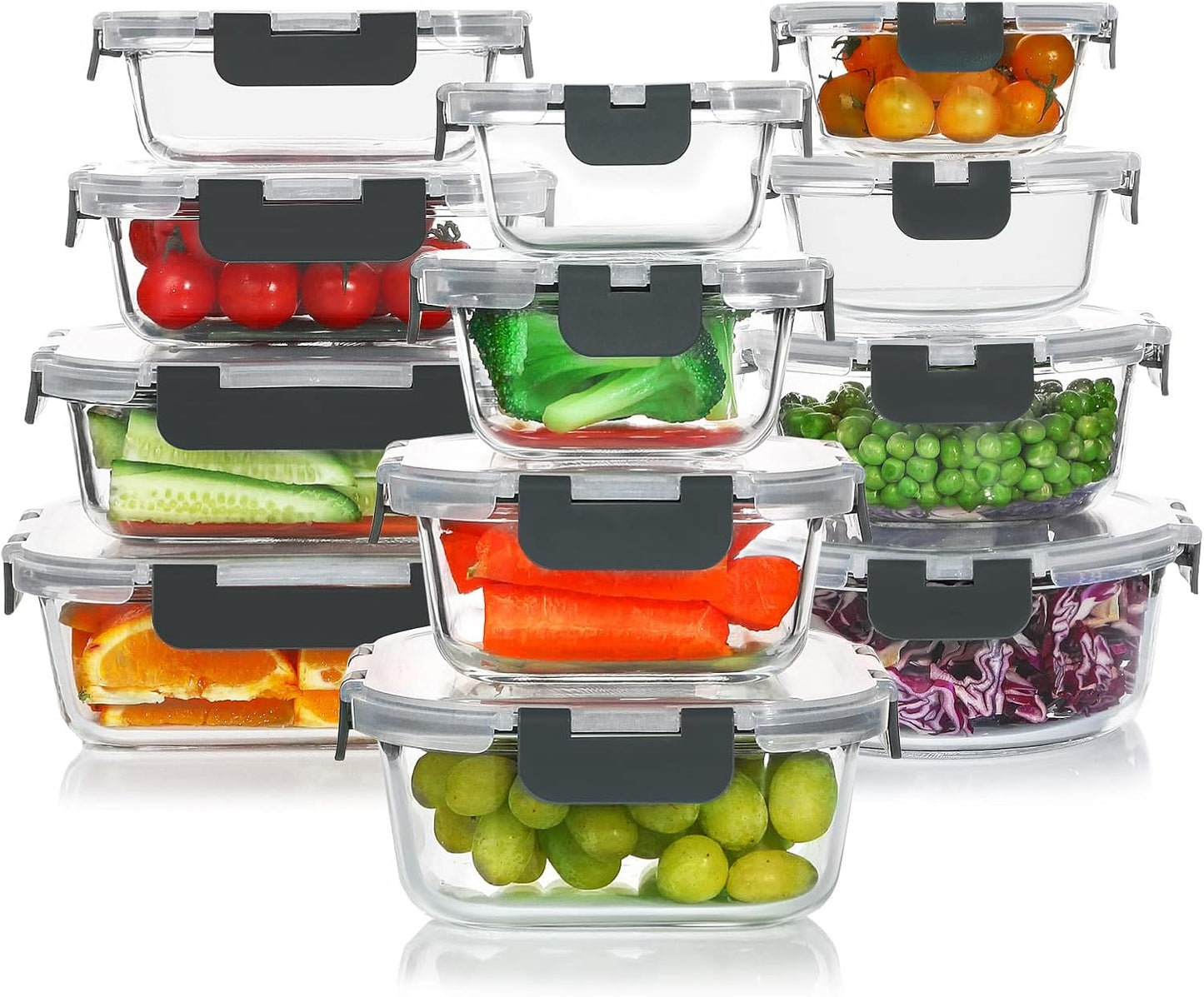 KOMUEE 24 Pieces Glass Food Storage Containers Set,Meal Prep Containers-Stackable Airtight Glass Storage Containers with lids,Freezer, Microwave, Oven Safe,Gray
