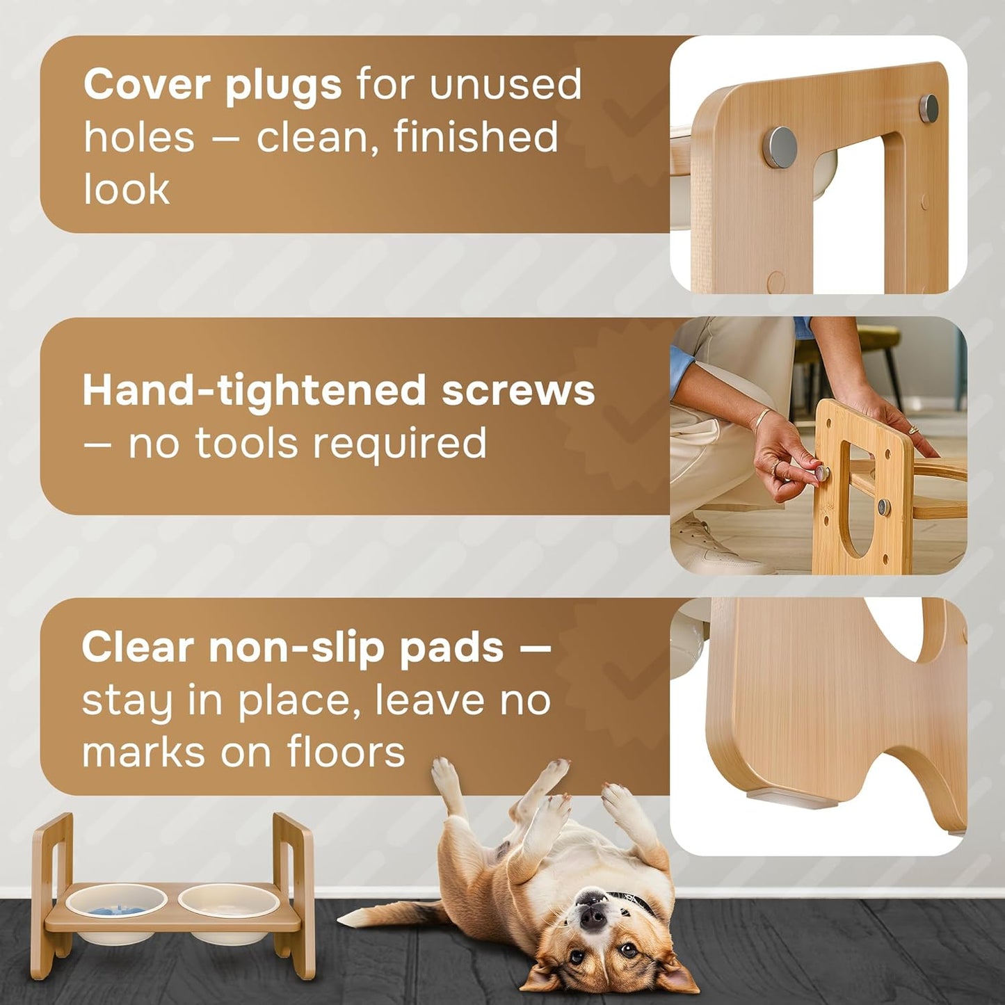 Ceramic Dog Bowls with Stand, Adjustable Elevated Dog Bowls (3 Heights), Bamboo Raised Dog Bowl Stand with 2 Ceramic Bowls (22 oz), 13° Tilt, Non-Slip – for Small & Medium Dogs
