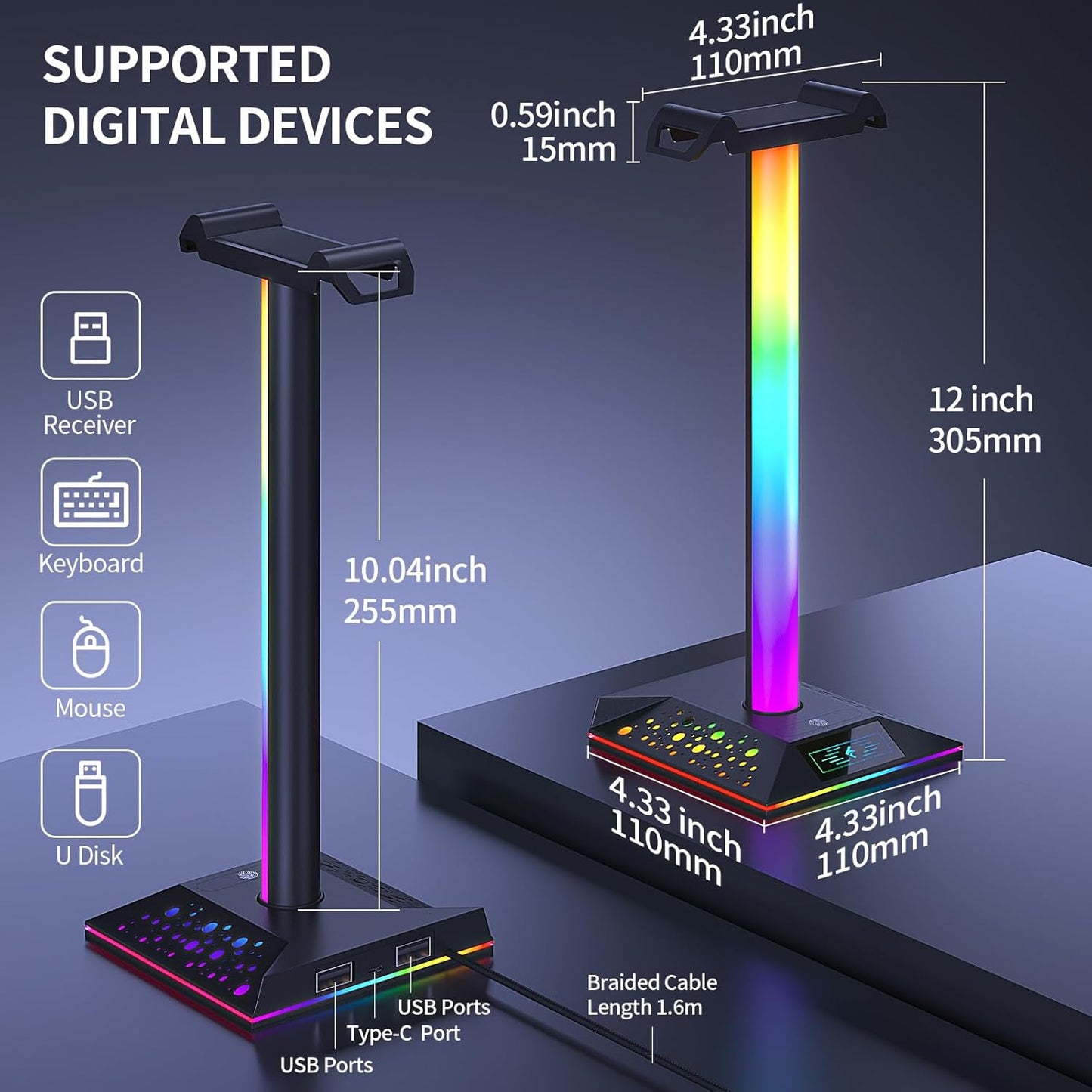 Gaming Headphone Stand PC Accessories - RGB Headset Stand with 2 USB Charger, Cool LED Headphone Holder PC Gaming Accessories for Boys Men Gamers, Computer Game Hardware for Desk
