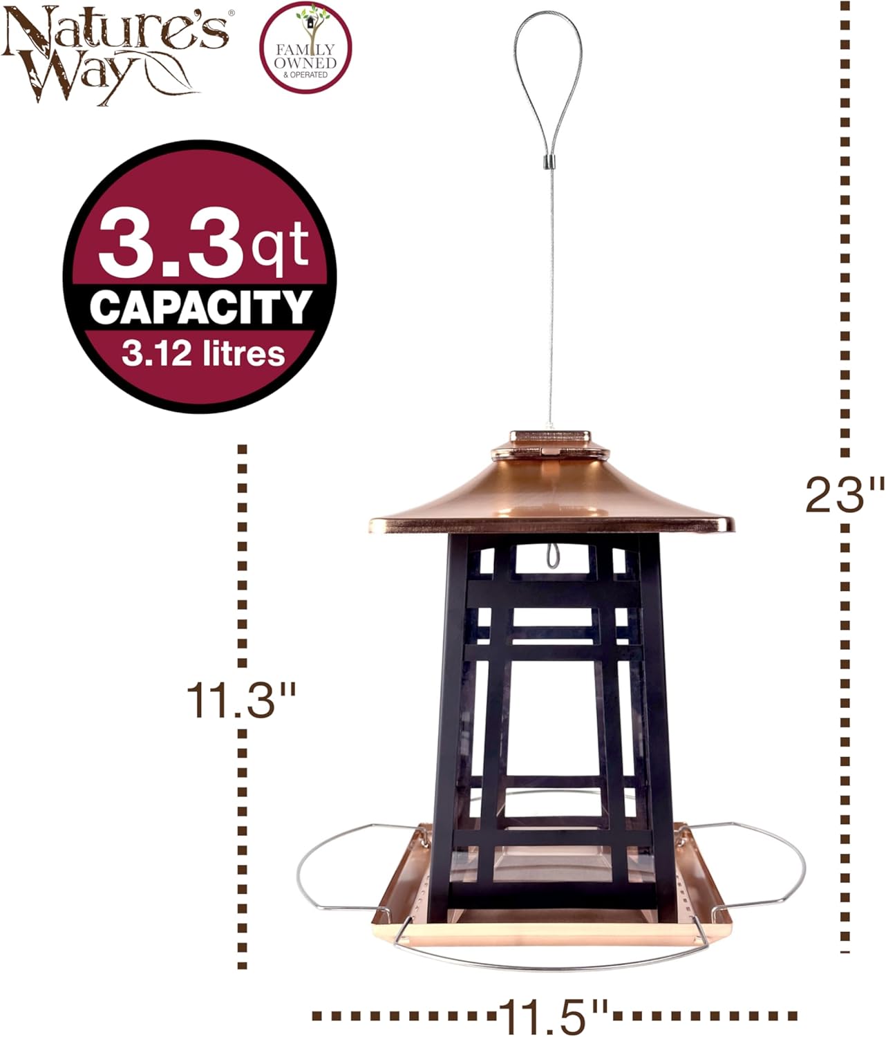 Nature's Way Outdoor Garden Décor Hanging Wild Bird Seed Feeder, Metal Copper Gazebo Feeder, Easy Fill, Rain Drainage, Black and Copper
