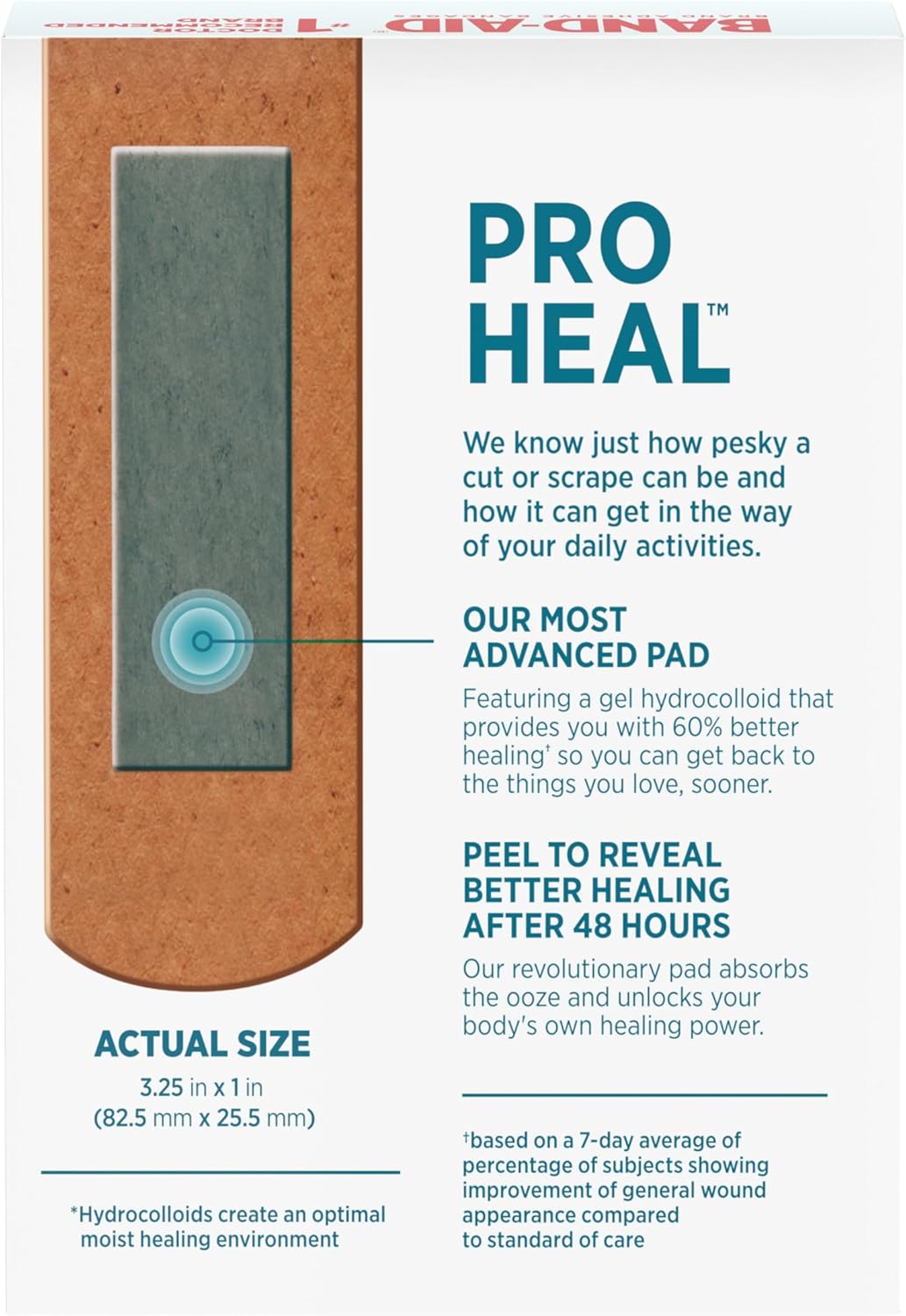 BAND-AID Brand Pro Heal Adhesive Waterproof Bandages, Hydrocolloid Gel Patch for First Aid, Clinically Tested for Better Healing of Minor Blisters and Wounds, One Size, 10 Count