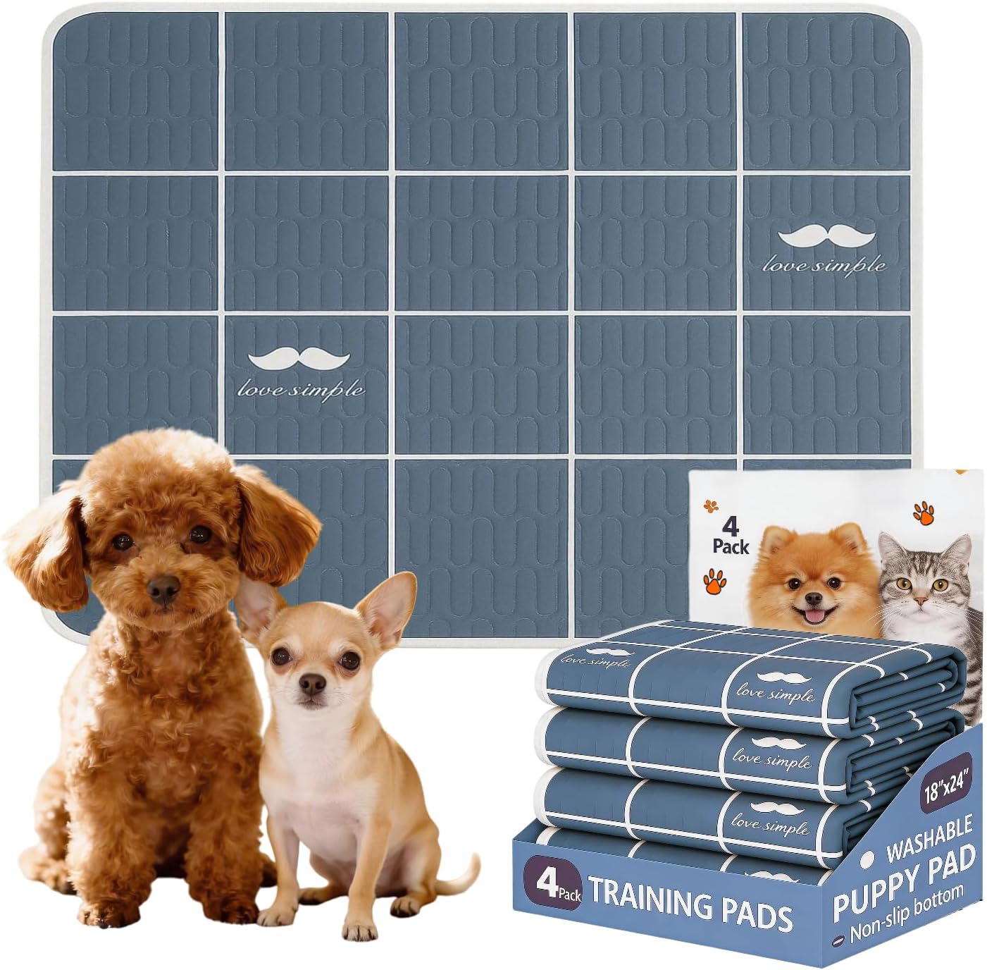 Washable Puppy Pads with Pheromones, 4 Pack - Super Absorbent Leakproof Waterproof Reusable Puppy Potty Training Pads with Non-Slip Backing for Crate, Playpen, Bed, Whelping Box (Grey, 18" x 24")