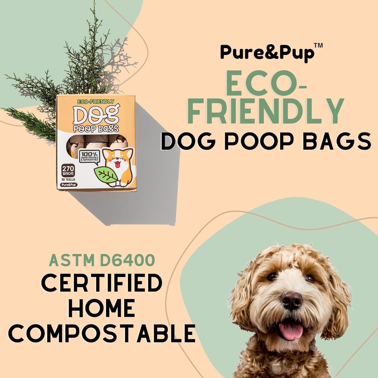 Pure & Pup 100% Certified Home Compostable Dog Poop Bags - Plant Based Corn Starch - Cute Poop Bags - 18 Dog Poop Bags Rolls - Extra Strong & Leak Proof - ASTM D6400 & EN 13432 Compliant - 270 Count