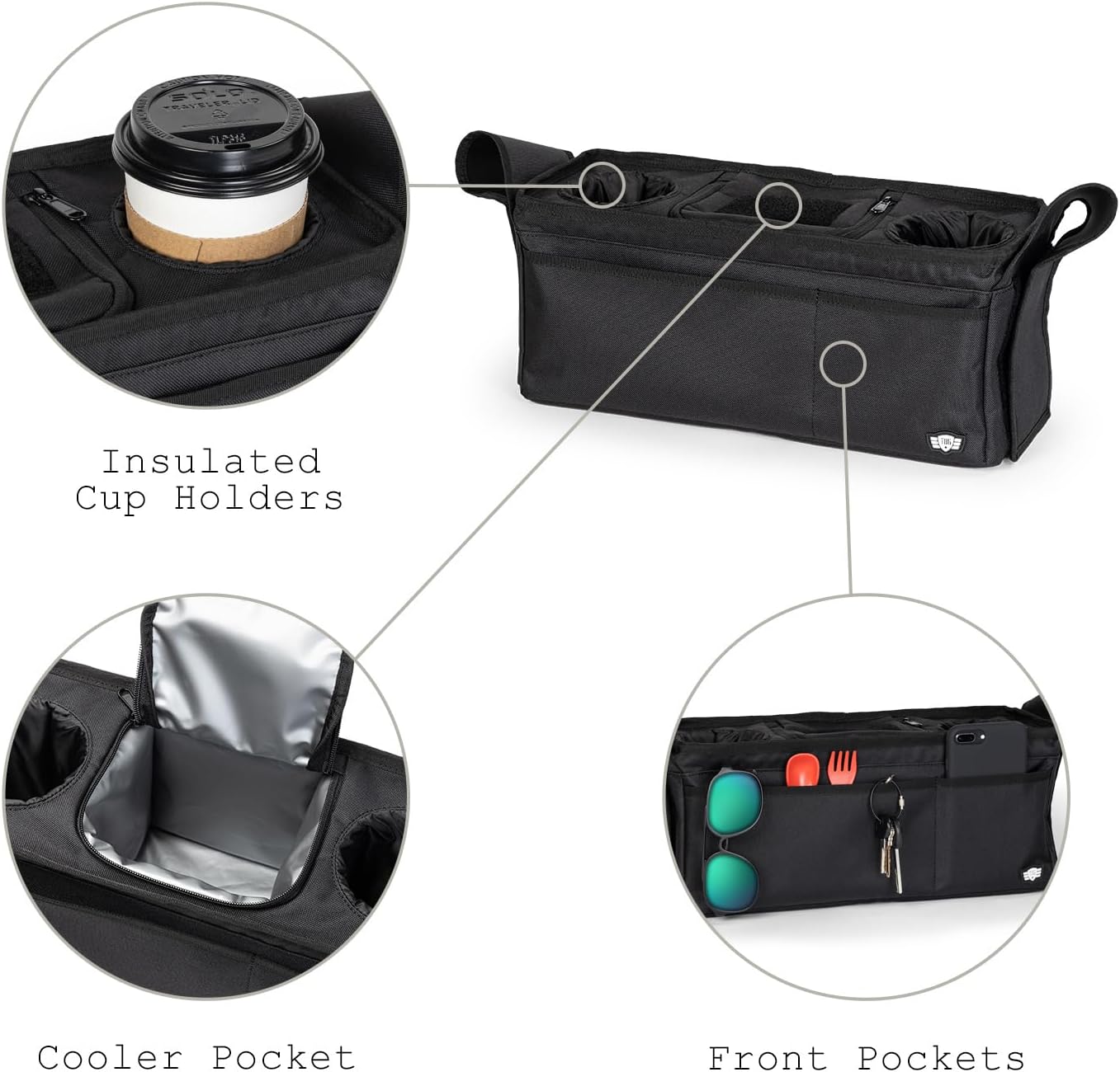 Tactical Baby Gear Stroller Caddy Organizer – Universal Fit Parent Console with Insulated Cup Holders, Cooler Pocket, Front Phone and Keys Storage