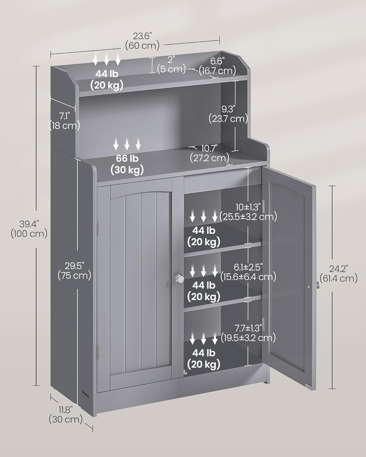 VASAGLE Bathroom Storage Cabinet, Bathroom Floor Cabinet with 2 Doors, 2 Adjustable Shelves, 11.8 x 23.6 x 39.4 Inches, Freestanding, for Dining Room, Kitchen, Living Room, Dove Gray BBC770GD01S