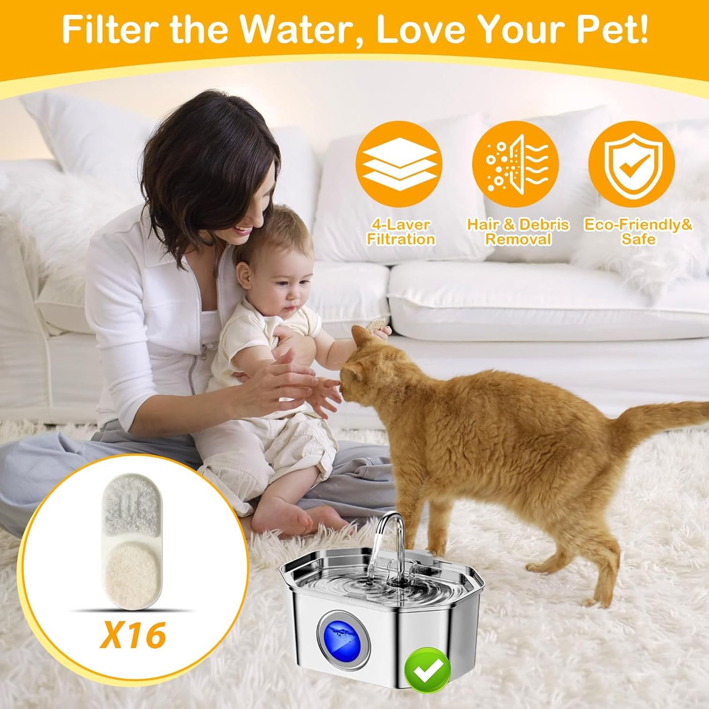 16+16 Pack Replacement Filters Compatible with APAUK Cat Water Fountain Stainless Steel 108oz/3.2L, 6 Month Set for Dog Water Dispenser, Includes 16 Filters & 16 Sponges