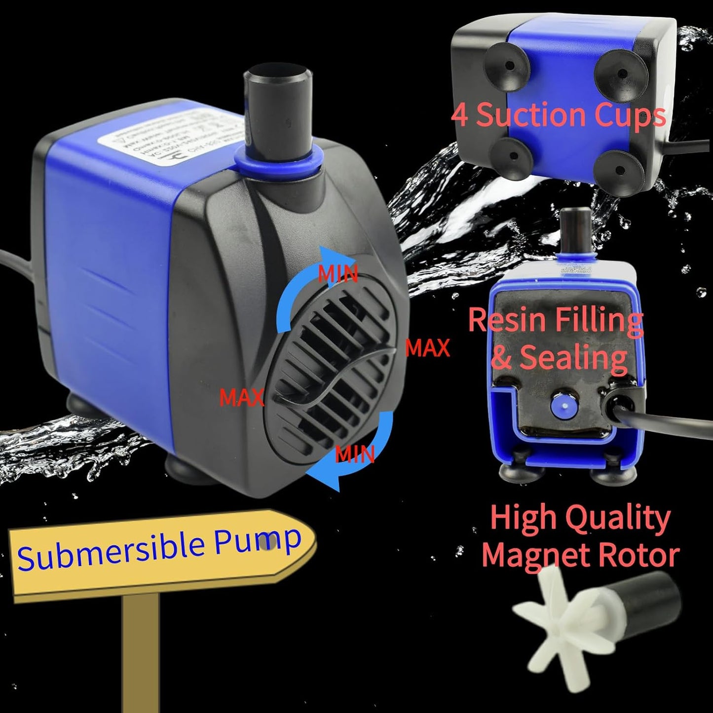 Conquerall CHA-1000 1200L/H AC 110V 310GPH Submersible Pump 20W Durable Adjustable Water Pump Head 5.91ft High for Aquariums, Employees, Garden Fountains,Hydroponics Systems and Pet Fountains