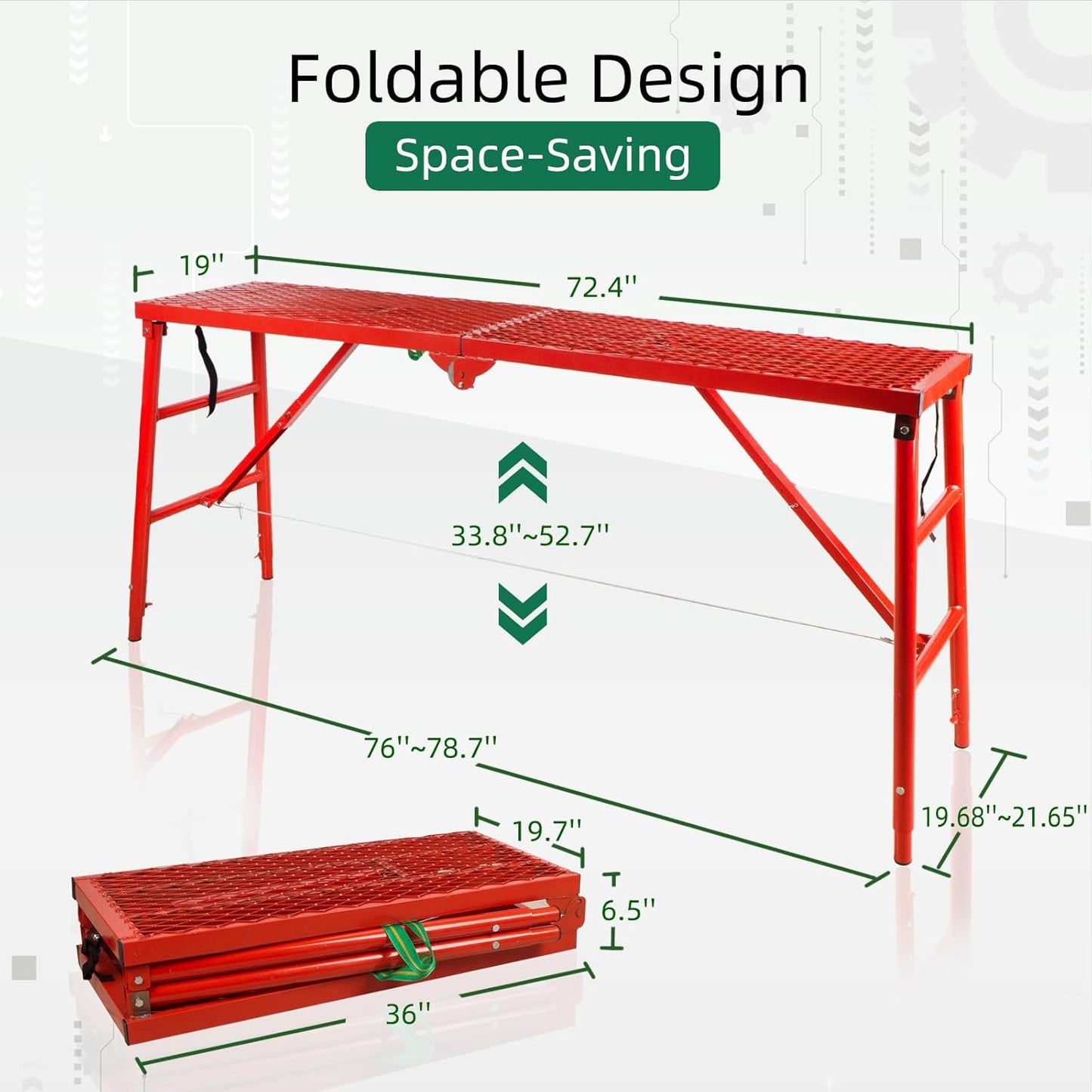 Folding Scaffolding Platform, 71(L) x15.7(W) x51(H)''770 Lbs, Adjustable Steel Industrial Step Ladders, Portable Heavy Duty Work Platform for Construction Sites and Renovations