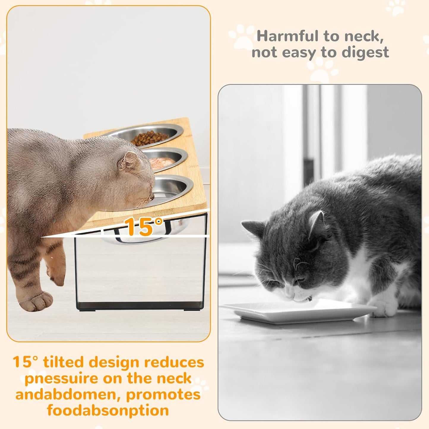 Elevated Cat Bowls with 3 Stainless Steel, 15° Tilted Raised Cat Bowl Set, for Indoor Cats for Small Cats and Puppies Pet Bowls with Stand