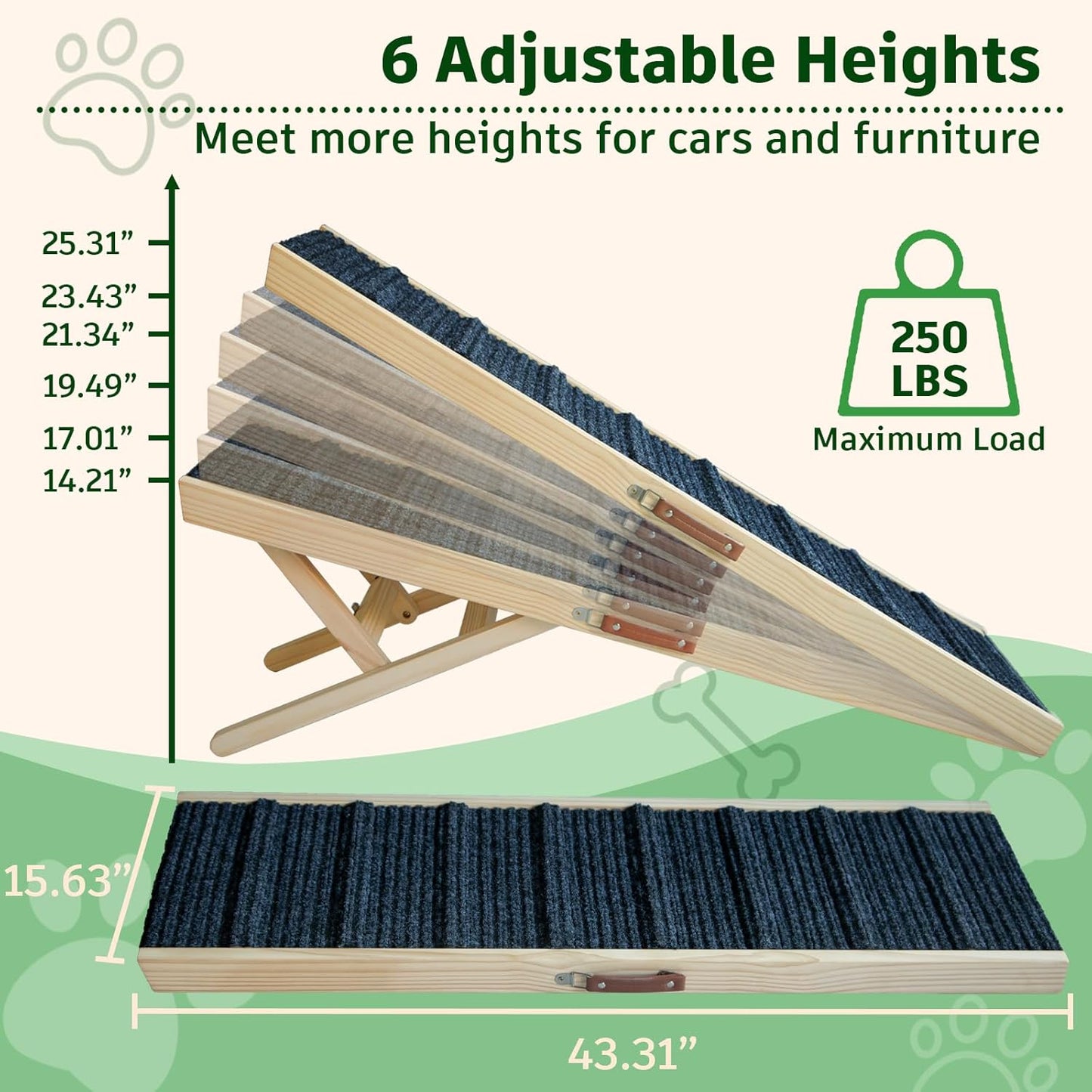Dog Ramp for Bed, 43.5" Long Wooden Foldable Dog Ramp, 6 Adjustable Heights from 14" to 26" with Anti-Slip Traction Mat, Portable Pet Ramp for Car, Bed, Couch, Max 200lbs - 43.5inch