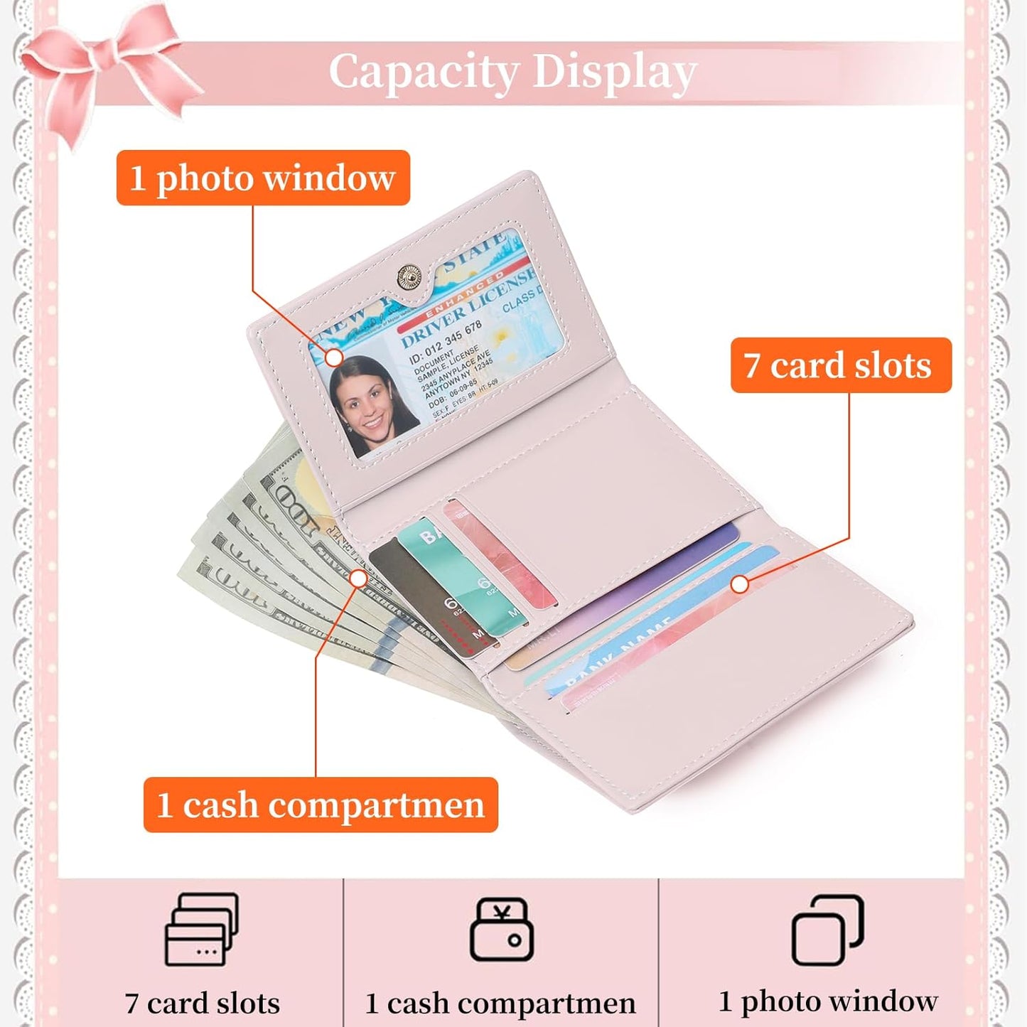 Small Wallets Girls Cute Coquette Bow Wallet Women Aesthetic Credit Card Holder with ID Window, Pink
