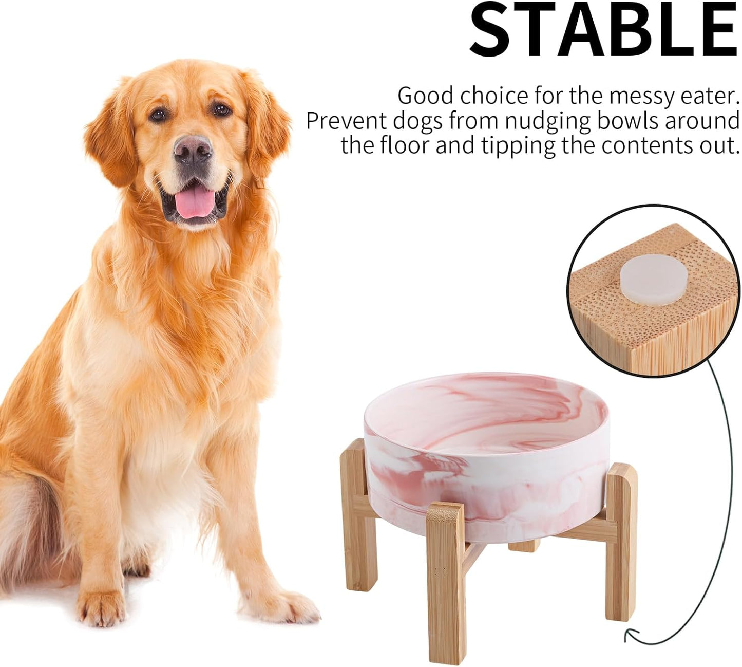 Elevated Dog Bowl Ceramic for Small Medium Sized Breed,Raised Dog Food Water Bowl with Stand,6 in 3.6 Cups Non Slip Pet Dish Heavy Weighted Marble Pink