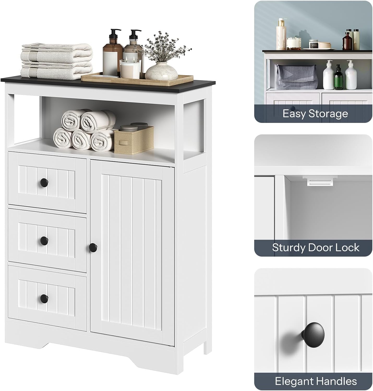 HOOBRO 28.3" Bathroom Storage Cabinet, Large Floor Cabinet, Freestanding Bathroom Storage Unit, 1 Cupboard and 3 Drawers, Adjustable Shelf, 28.3" L x 11.8" W x 37.8" H, White and Black