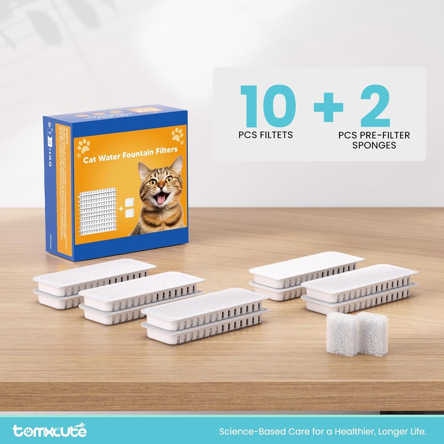 Official Tomxcute Cat Water Fountain Replacement Filters - 10+2 Pack for 3.2L Glass Pet Water Fountain, Three-Layer Filtration Replacement Filter, Compatiable with Fountain Model P11G-White