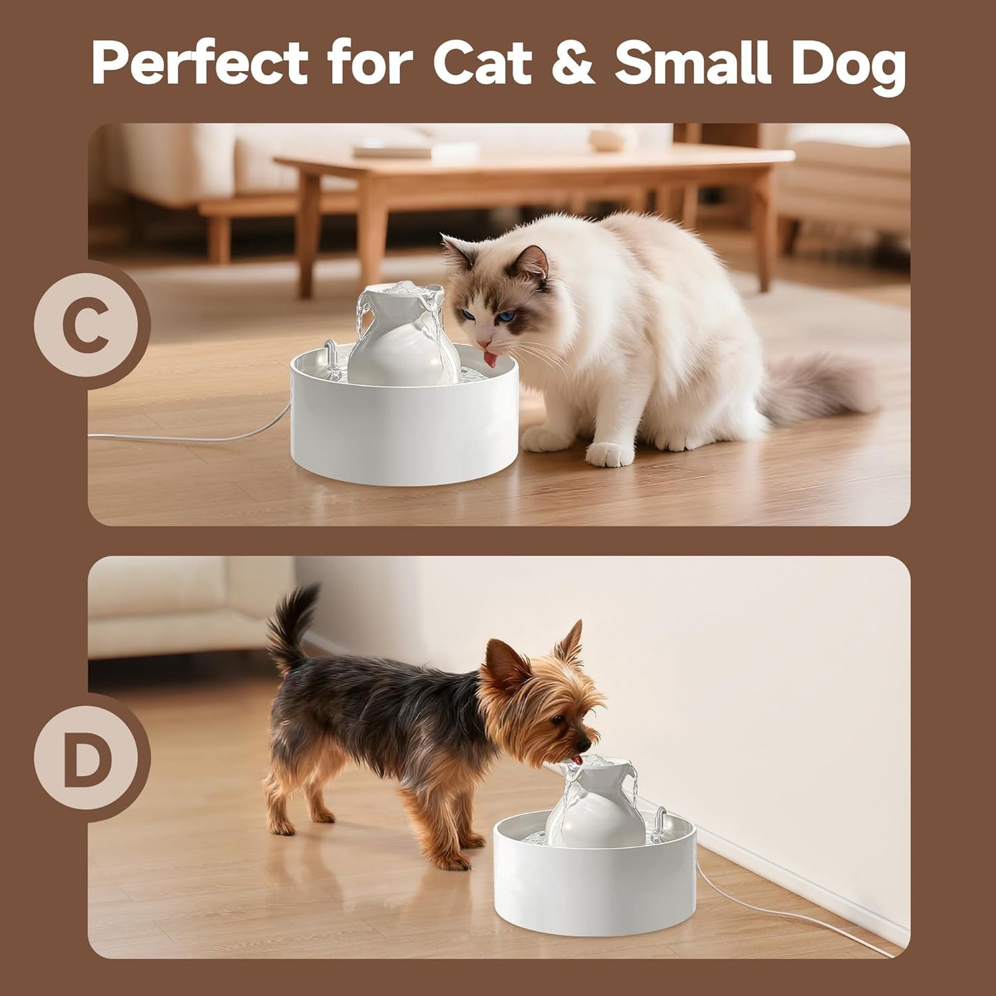 Ceramic Cat Water Fountain, 3L/101 fl oz Ultra-Quiet Pet Water Fountain, Automatic Water Dispenser for Cats & Small Dogs, No Spill Cat Water Bowl, BPA-Free, 2 Filters Included, Easy to Clean