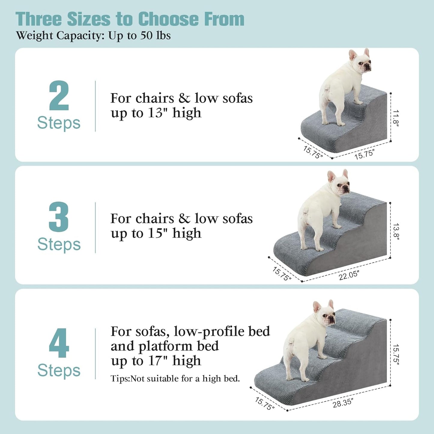 Dog Stairs for Small Dogs, 4-Step Dog Steps for Couch Sofa and Low-Profile & Platform Bed, High-Density Foam Pet Steps Ramp with Removable Washable Cover for Older Injured Dogs Cats, 15.75" H, Grey