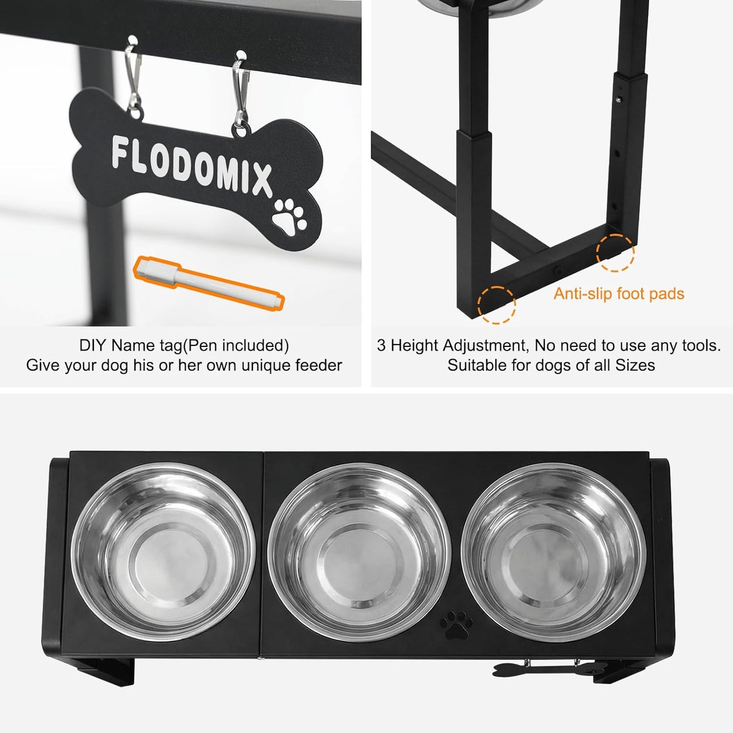 Metal Elevated Dog Bowls for Medium/Large Breed, 3 Adjustable Height(8.8''/11.5''/14'') Raised Dog Bowls Stand with Three 58oz Large Stainless Steel Dog Bowls, with The Splash pad