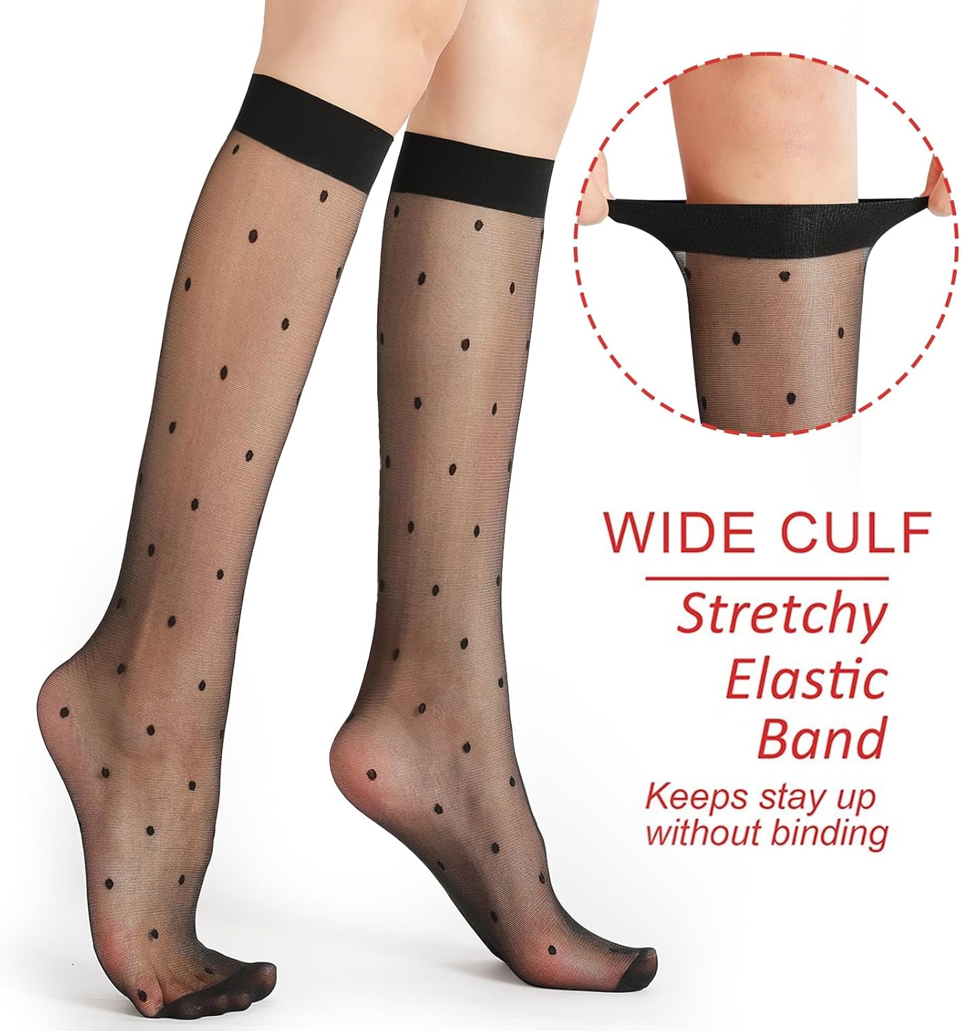 G&Y 4 Pairs Pattern Knee High Pantyhose with Reinforced Toe - 30D Nylon Stockings for Women Dot Heart Lip Patterned