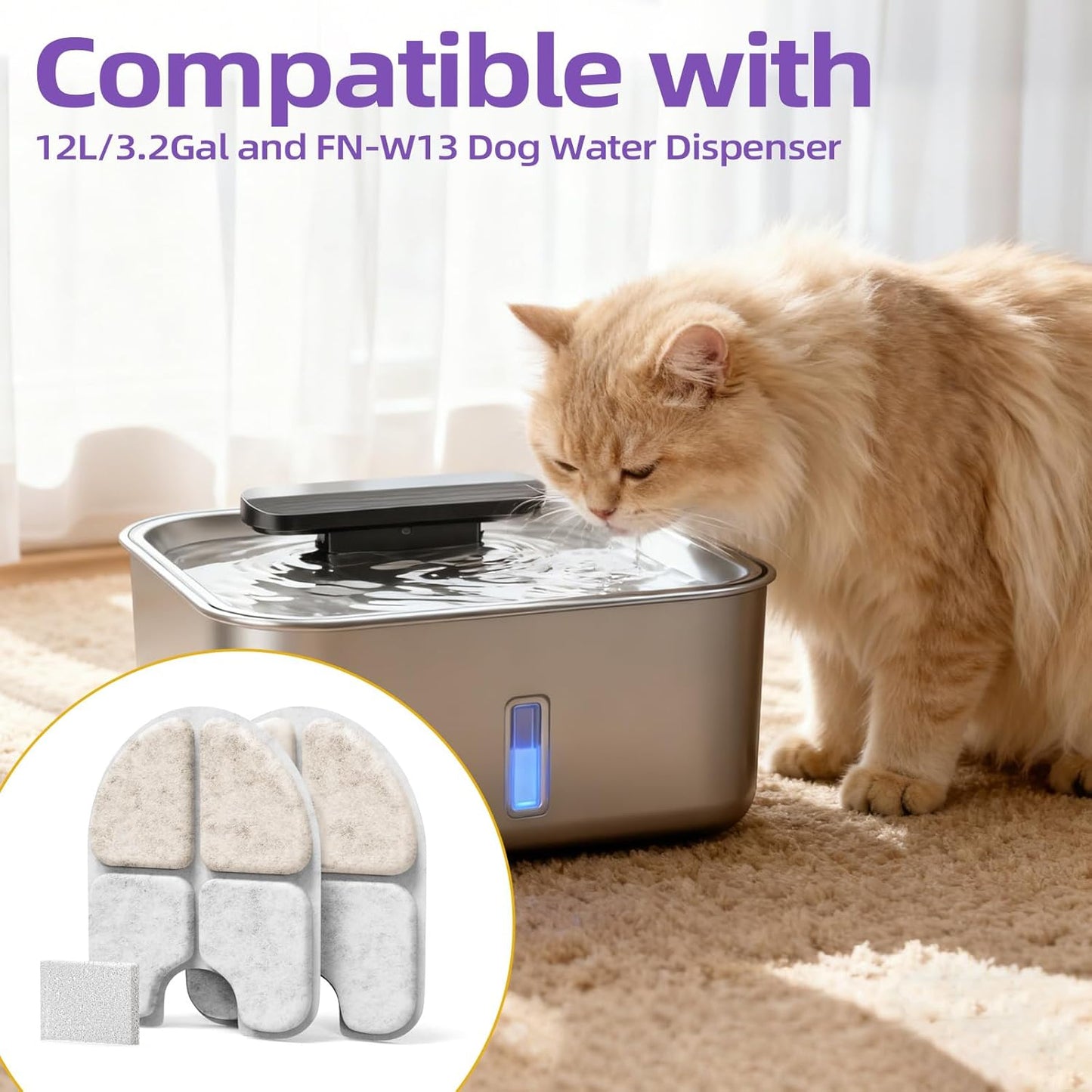 24 Packs Pet Water Fountain Filter for 3Gal/12L Dog Water Dispenser (FN-W13),12 Packs Dog Wate Fountain Filters & 12 Packs Pump Filters Sponges Replacement