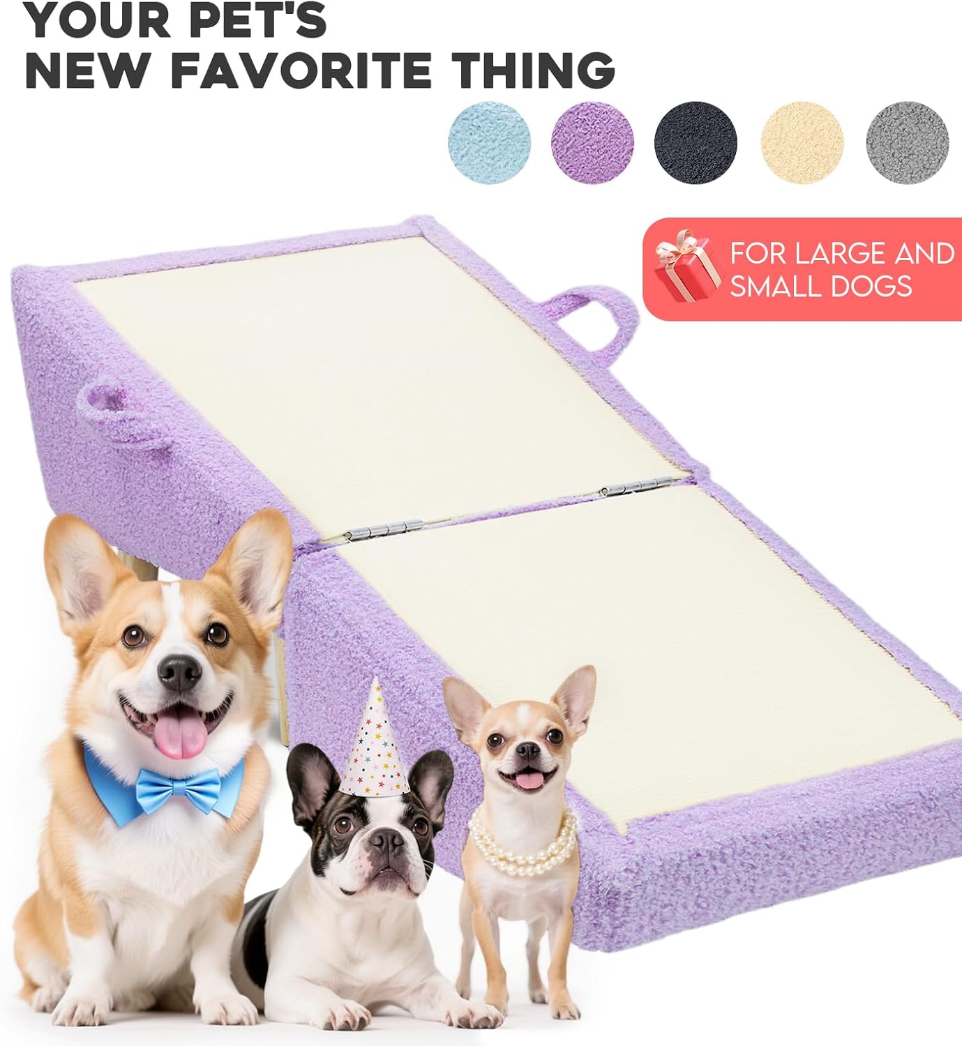 Dog Ramp for Small Dogs and Cats – 2-in-1 Dog Ramp for Couch and Low Bed, 16.5'' Foldable Wooden Pet Ramp, Sturdy Multi-Use Split Ottoman Design, Light Purple