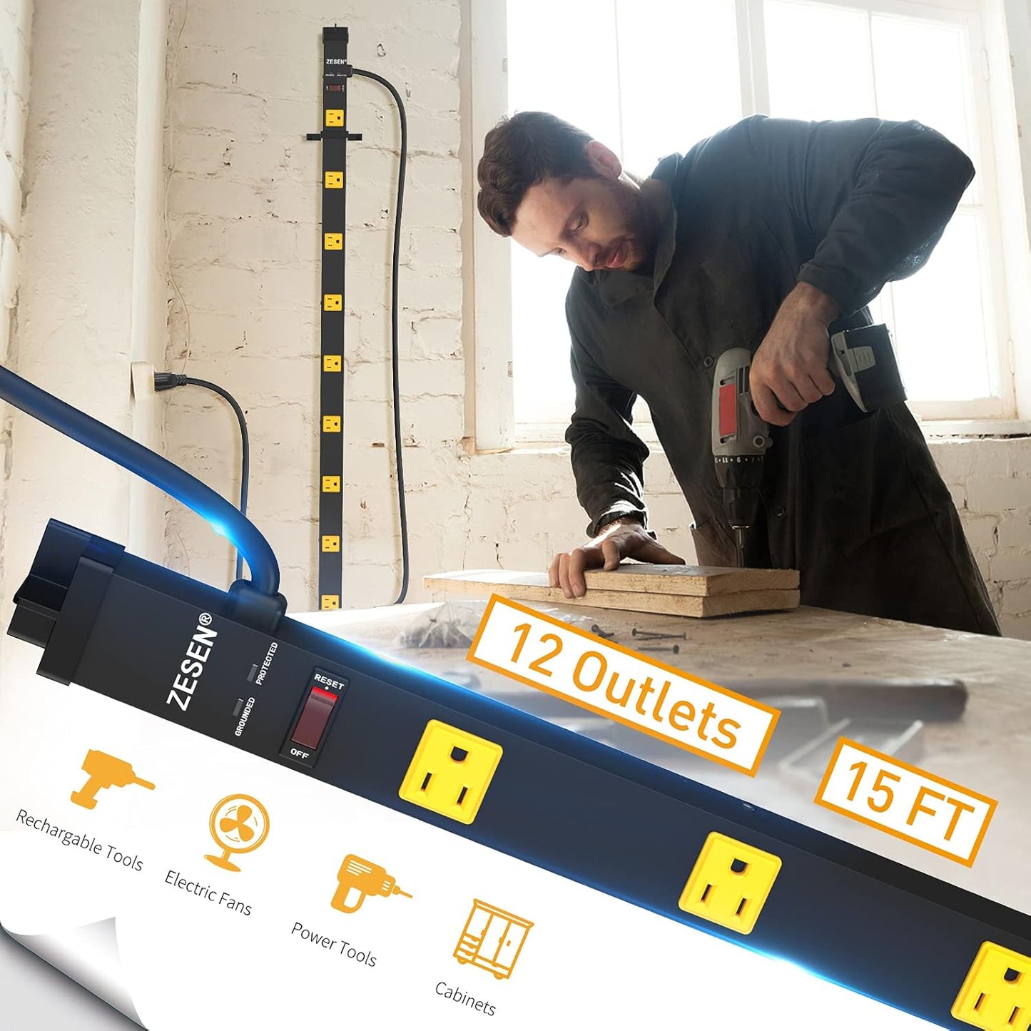 12 Outlet Industrial Long Power Strip with 15Ft Cord, 1875W Heavy Duty Metal Power Strip with Wide-Spaced Outlets & Overload Protection, ETL Listed for Garage, Workshop, Office, Home